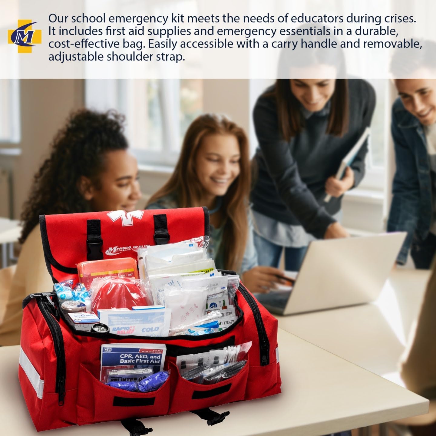 MFASCO Comprehensive School Classroom First Aid Kit - Red First Aid Trauma Bag - Emergency Bag with 200+ Supplies for First Responder - Economical for Schools & Groups - 10.5 x 7 x 7.5