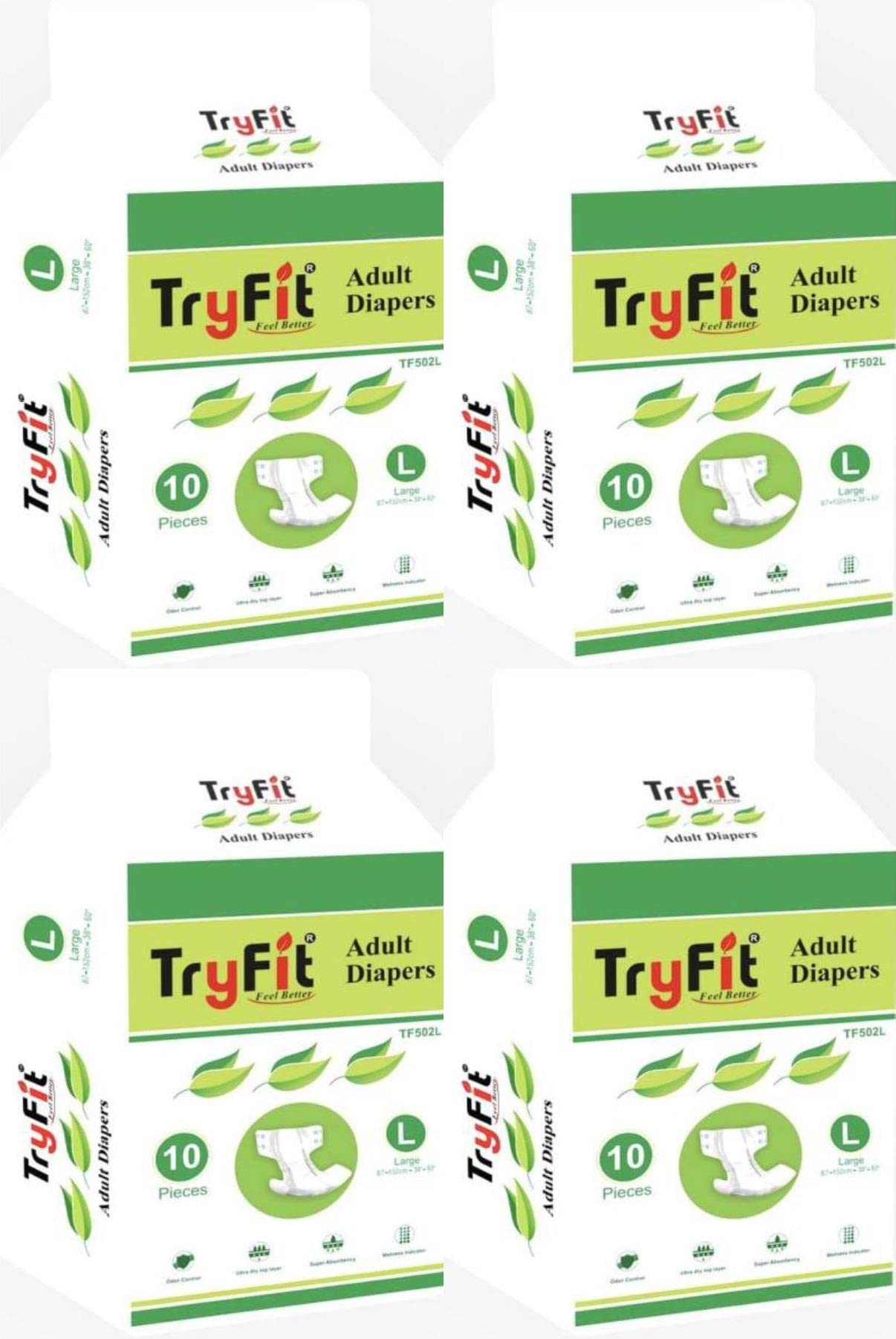 TryFit Adult Diapers, Large, Waist Size 38" - 60", 10 Pcs/Pack (Pack of 4), 40 Pcs