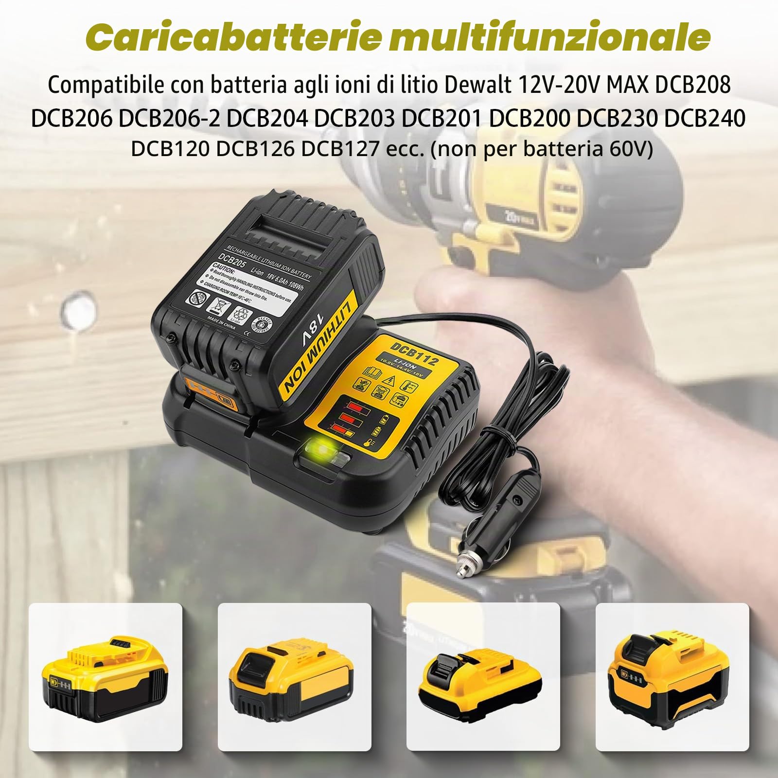 DCB112 - Caricabatteria da auto per batteria Dewalt, sostituisce per batteria agli ioni di litio da 12 V, 20 V e 60 V max per auto, ingresso di ricarica 12 V/24 V, presa accendisigari