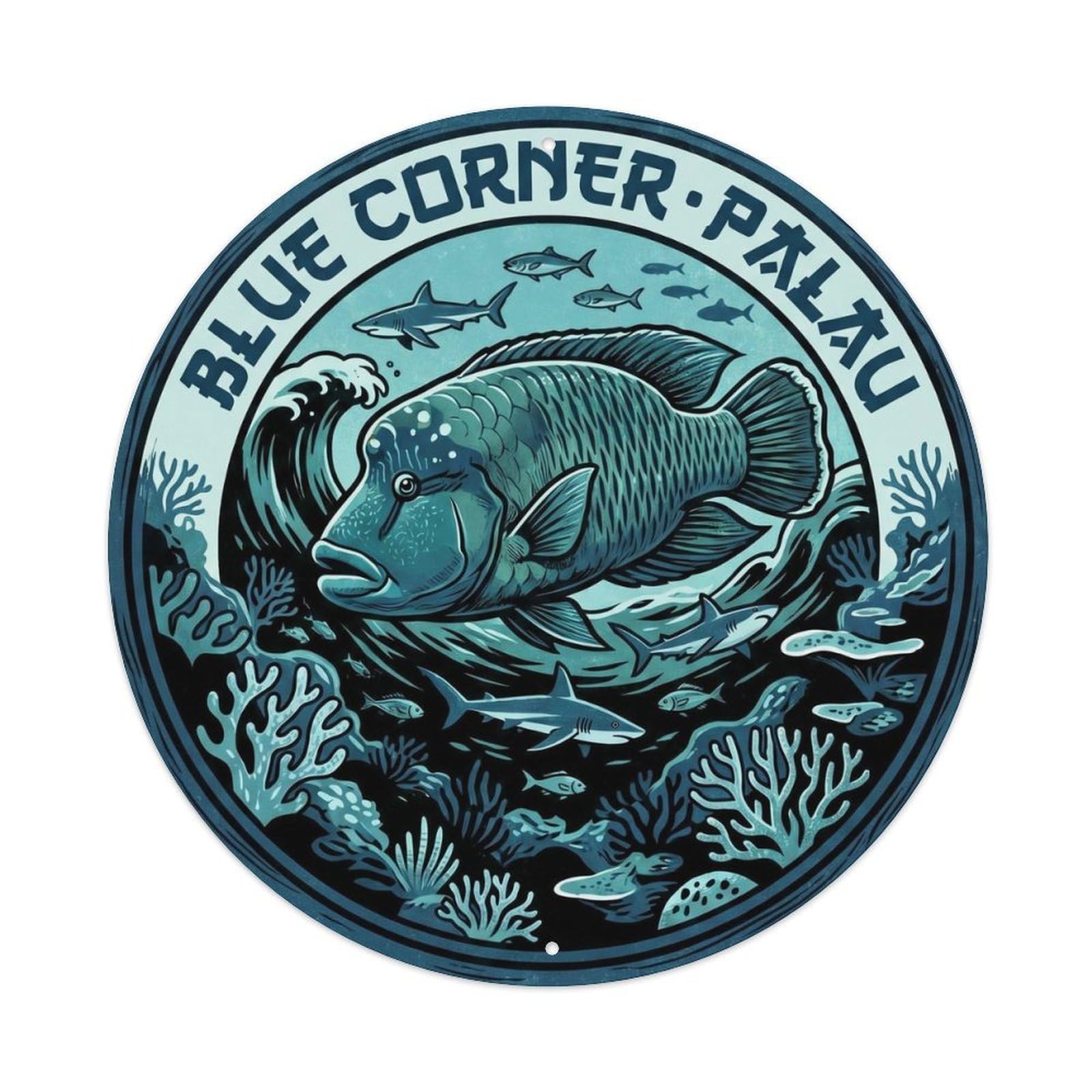 Olyhtr 8X8inch Classic Style Napoleon Palau Blue Corner Fish Teal Woodblock Metal Tin Sign
