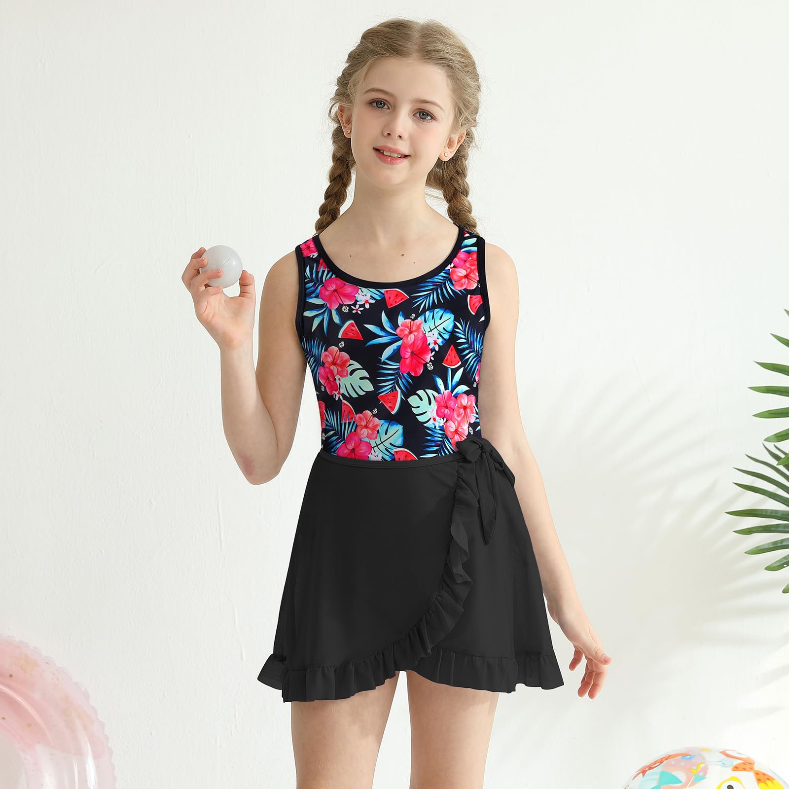 ESHOO Girls Swimsuit 3 Piece Tankini Suit Quick Dry Bathing Set with Cover Up Beach Skirt Kids Swimwear for 7-14 Years Black-Floral