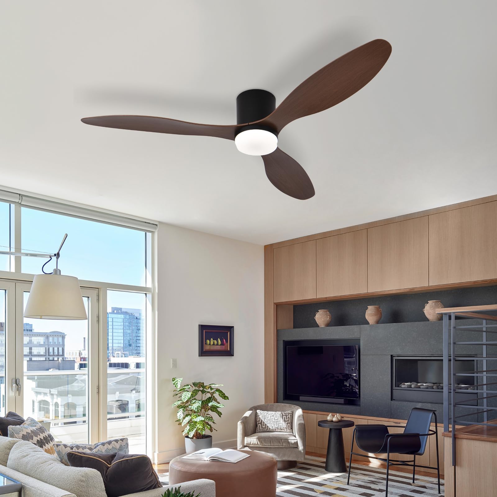YOLEDY Lampada Ventilatore da Soffitto, Intelligente Pale da Soffitto con Luce e Telecomando, Forma a Fiore, Dimmerabile, Reversibile 6 Velocità, Motore DC con Timer, Nero