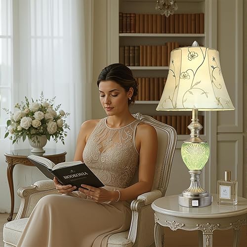 Miniatura 5 de Juego de 2 lámparas de mesa de noche con luz nocturna y puertos USB A+C, lámparas de mesa vintage de 27 pulgadas de alto con acabado de hoja