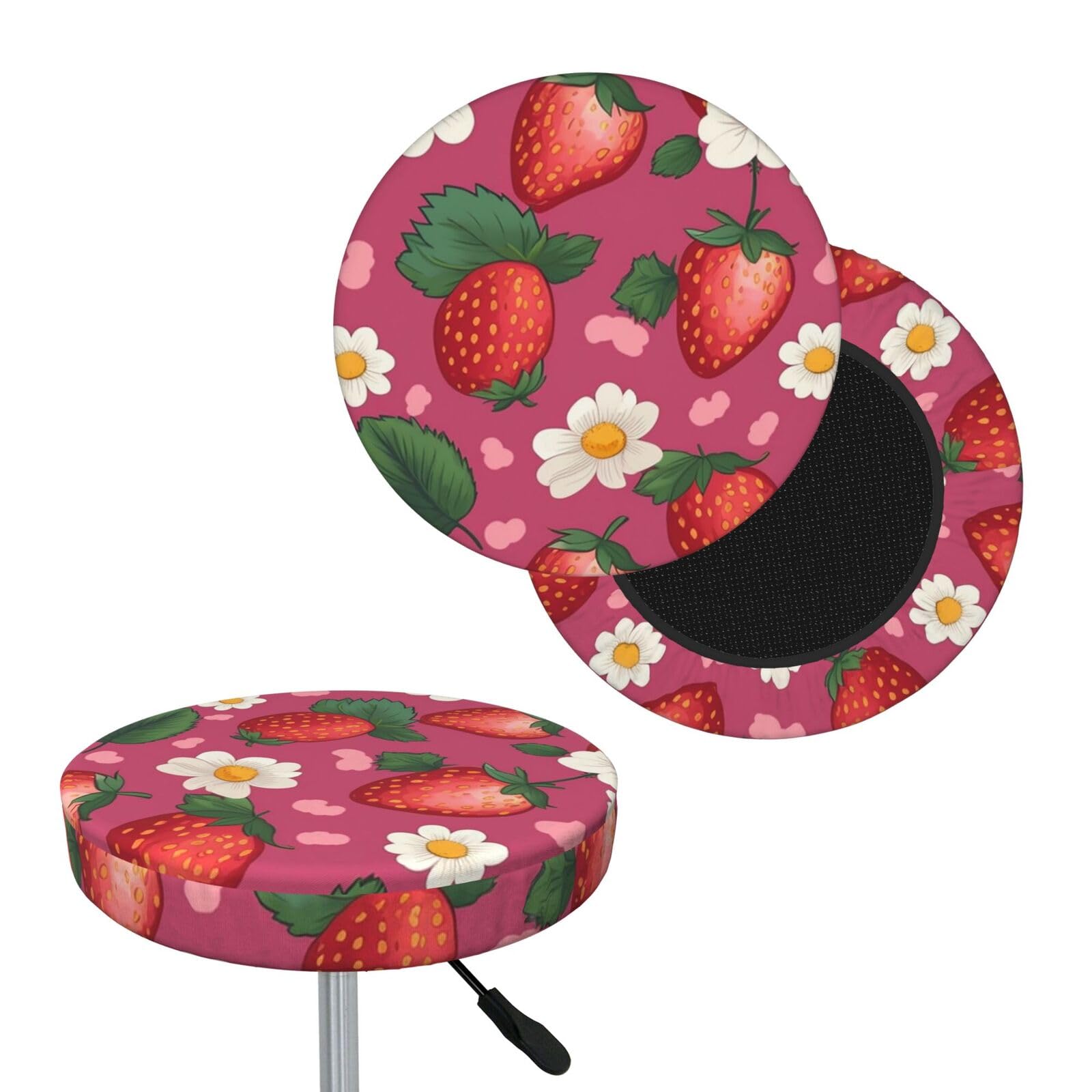 NONHAI Strawberry Bar Stool Cover Round Elastic Stool Cushion Covers Dustproof Bar Chair Cover Washable Stool Cushion Slipcover Stretch Stool Seat Covers for 12-14 Inch Chair