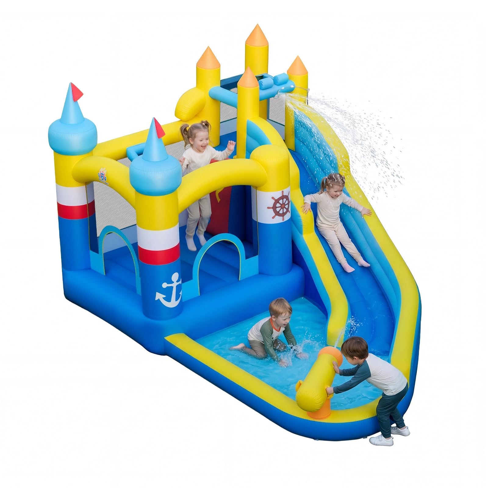 COSTWAY Castello Gonfiabile per Bambini, Casa Gonfiabile con Piscina Splash, Cannone d'Acqua, Area di Rimbalzo, Scivolo Lungo, Parete d'Arrampicata, per Bambini 3-12 Anni (Senza Soffiatore)