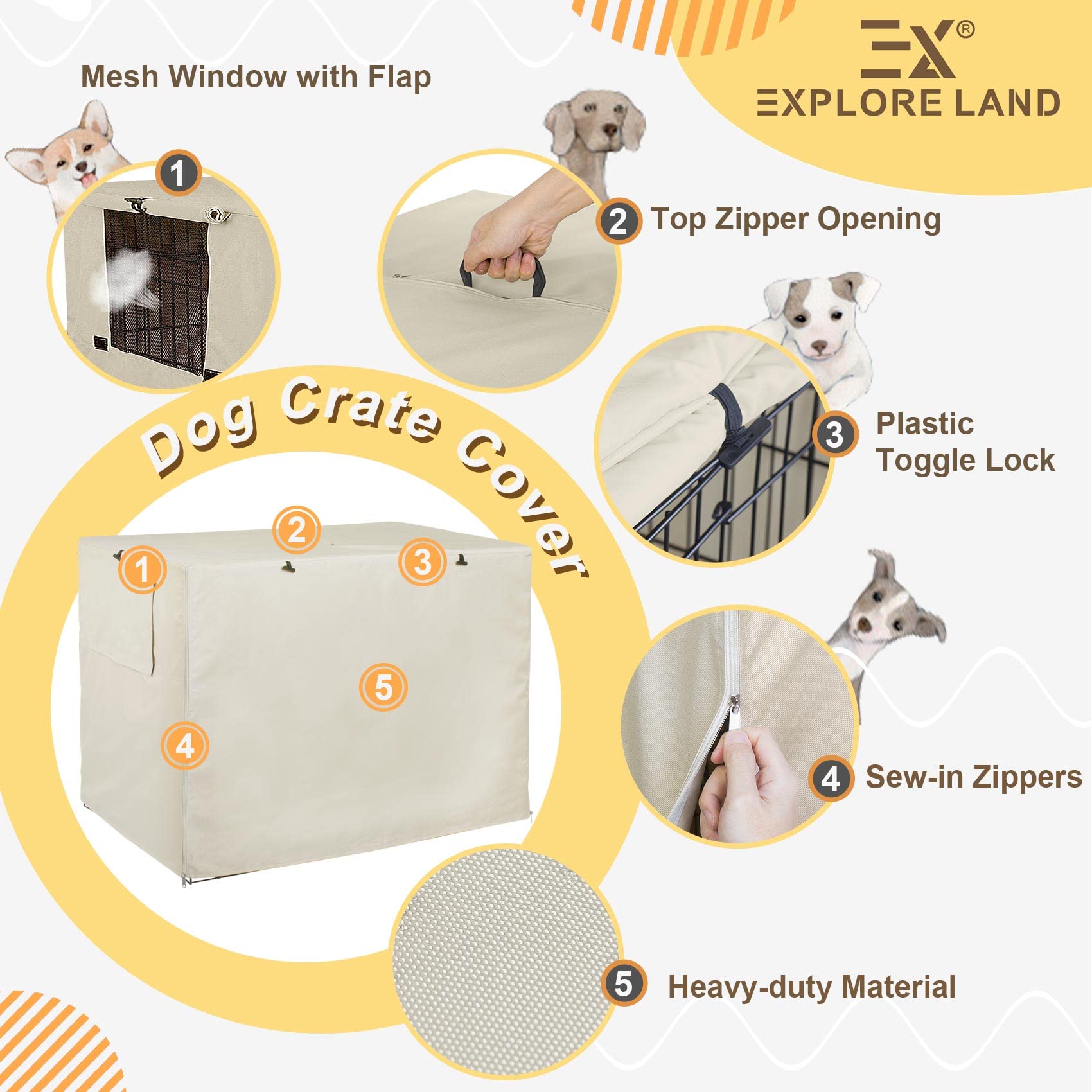 Explore Land 36 inches Dog Crate Cover - Durable Polyester Pet Kennel Cover Universal Fit for Wire Dog Crate (Light Tan)