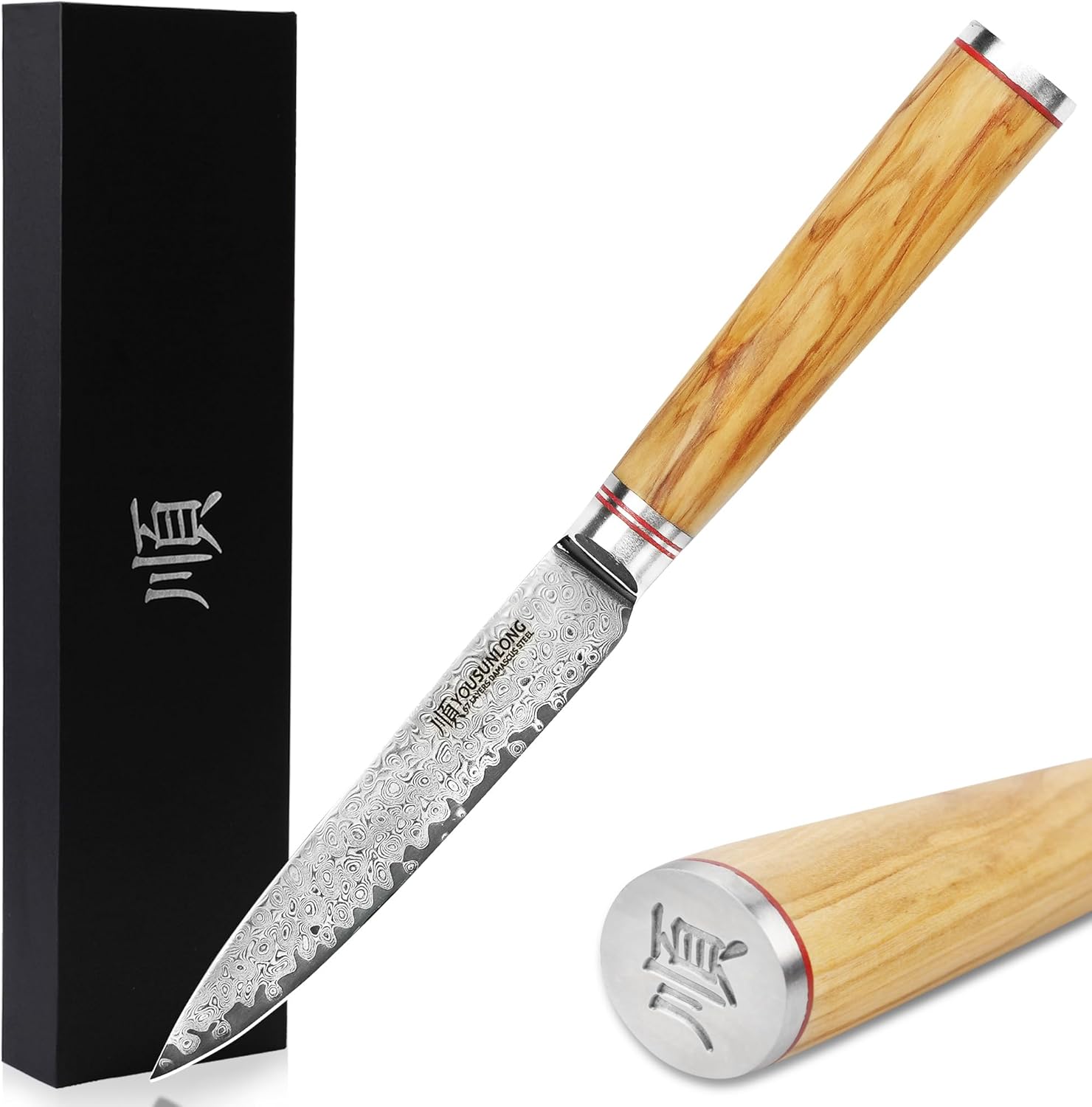 YOUSUNLONG Utility Knife 5 inch Japanese 67 Layers Hammered Damascus Steel Petty Knife with Italian Olive Wood Handle