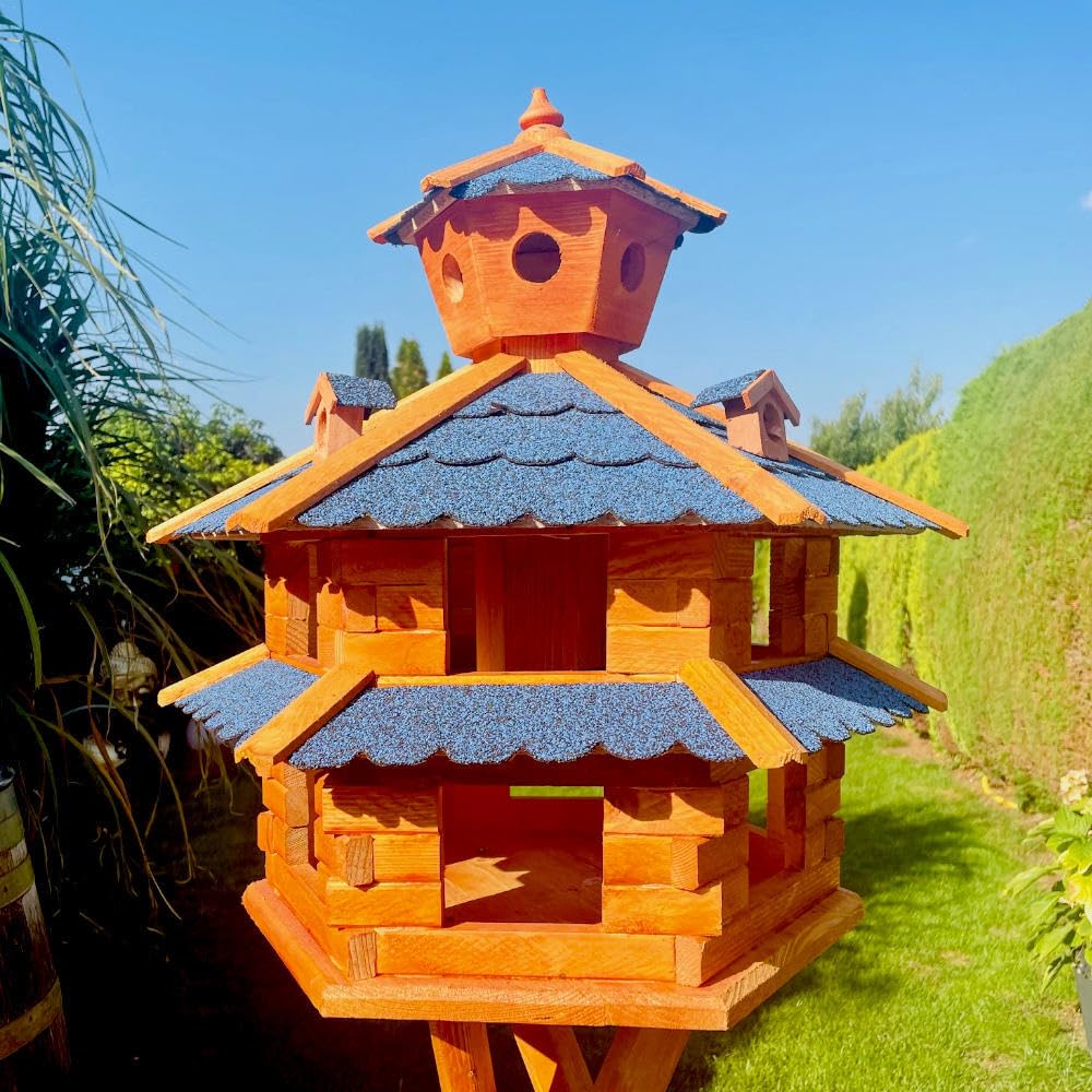 Villa para pájaros resistente a la intemperie, de L a XXL, comedero, con o sin soporte, en color marrón con rojo, verde o azul, para jardín y balcón (tamaño XXL, sin soporte, azul – marrón)