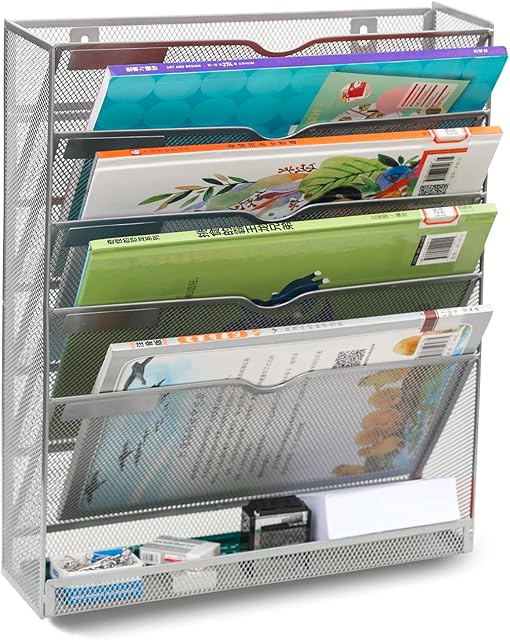 TQVAI Hanging Wall File Holder, 6 Tier Office Desk Storage Organiser in Tray, A4 Document Magazine Rack, Silver