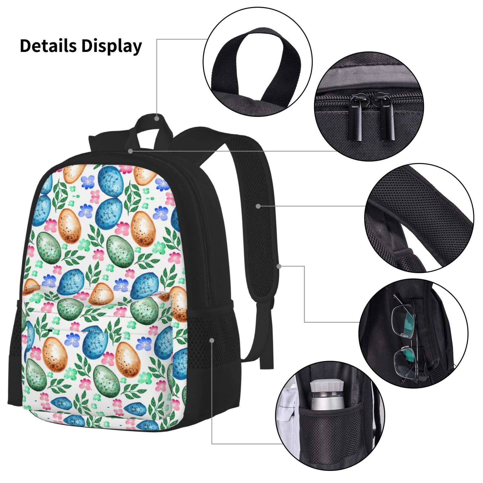 Juego de 3 mochilas escolares con estampado de huevos de Pascua, mochila para laptop resistente al agua de gran capacidad con bolsa de almuerzo aislada y estuche para lápices para adolescentes
