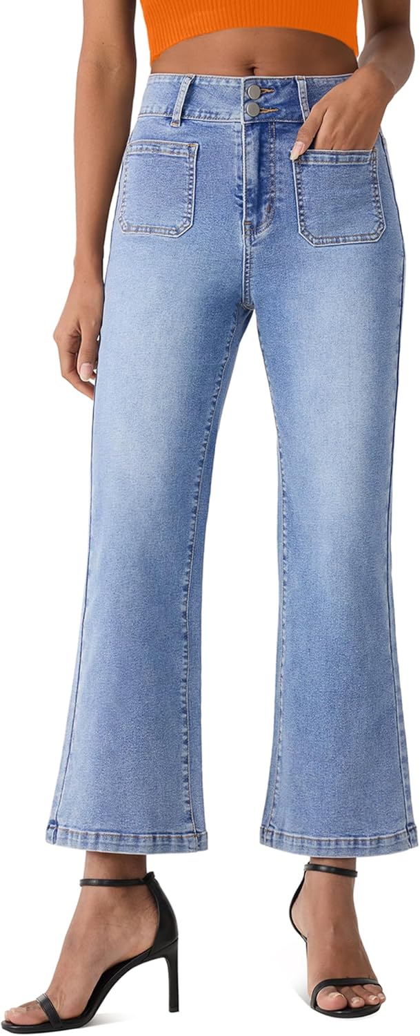 Women's Cropped Straight Leg Jeans High Waisted Jeans for Women Cropped Denim Pants with Pockets