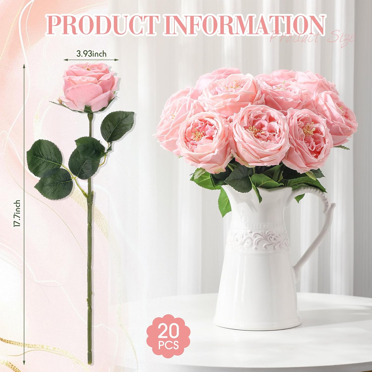 Giegxin 20 Pcs Real Touch Peonies Austin Roses Artificial Flowers, Faux Look Real Long Stems Fake Flower with Big Blooms for Christmas Valentines Wedding Party DIY Arrangement Home Decor(Pink) - Image 2