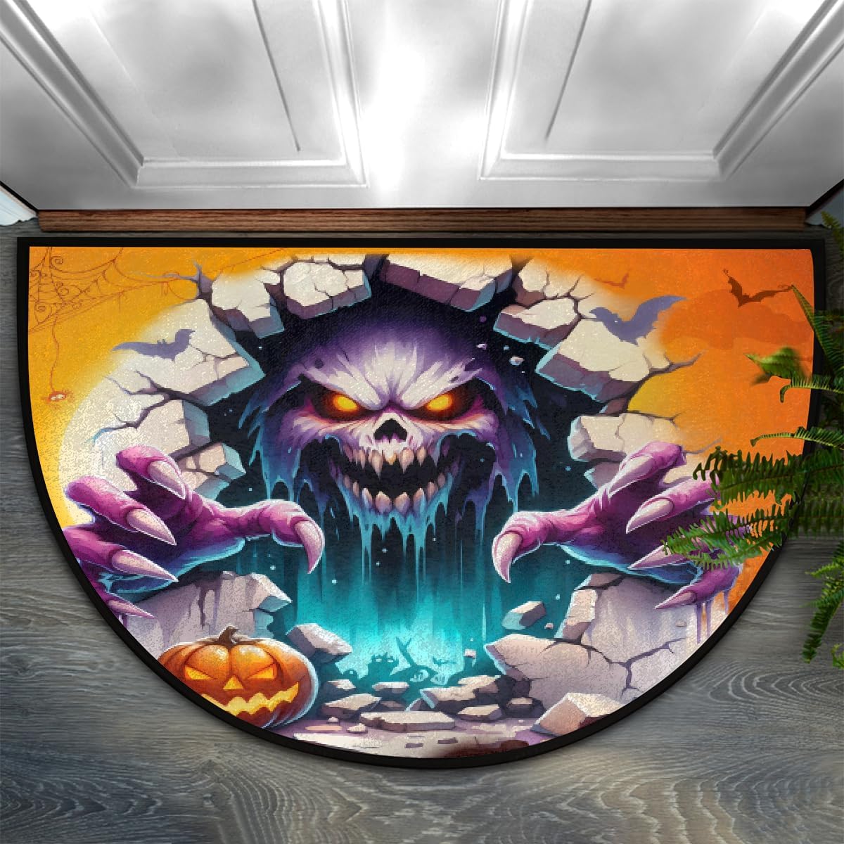 Half Round Door Mat Indoor Entrance Washable Half Circle Area Rugs Non Slip Half Moon Rug Semi Circle Bathroom Rugs Floor Carpet for Kitchen Bedroom Fireplace Halloween Horrible Horrible Decor