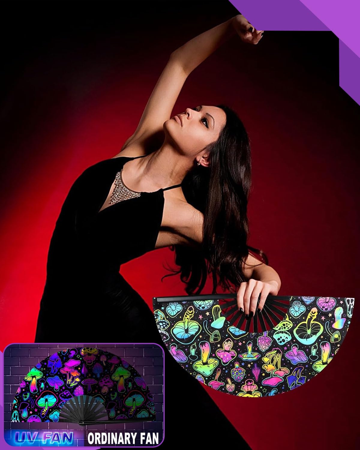 Abanico Plegable Glow Rave de Mano Grande para Bailar, Fiestas, Festivales