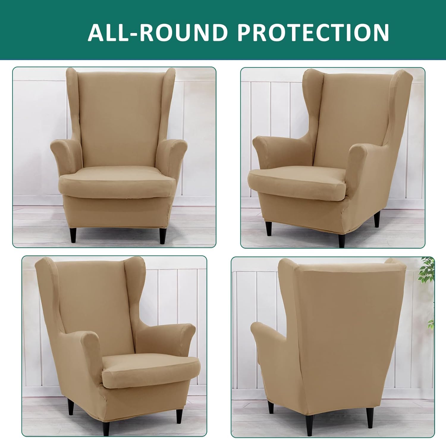 NILUOH Wingback Chair Cover 2-Piece Soft Stretch Wing Chair Slipcover Solid Color Armchair Sofa Couch Cover Furniture Protector with Elastic Bottom for Living Room Bedroom (Khaki)