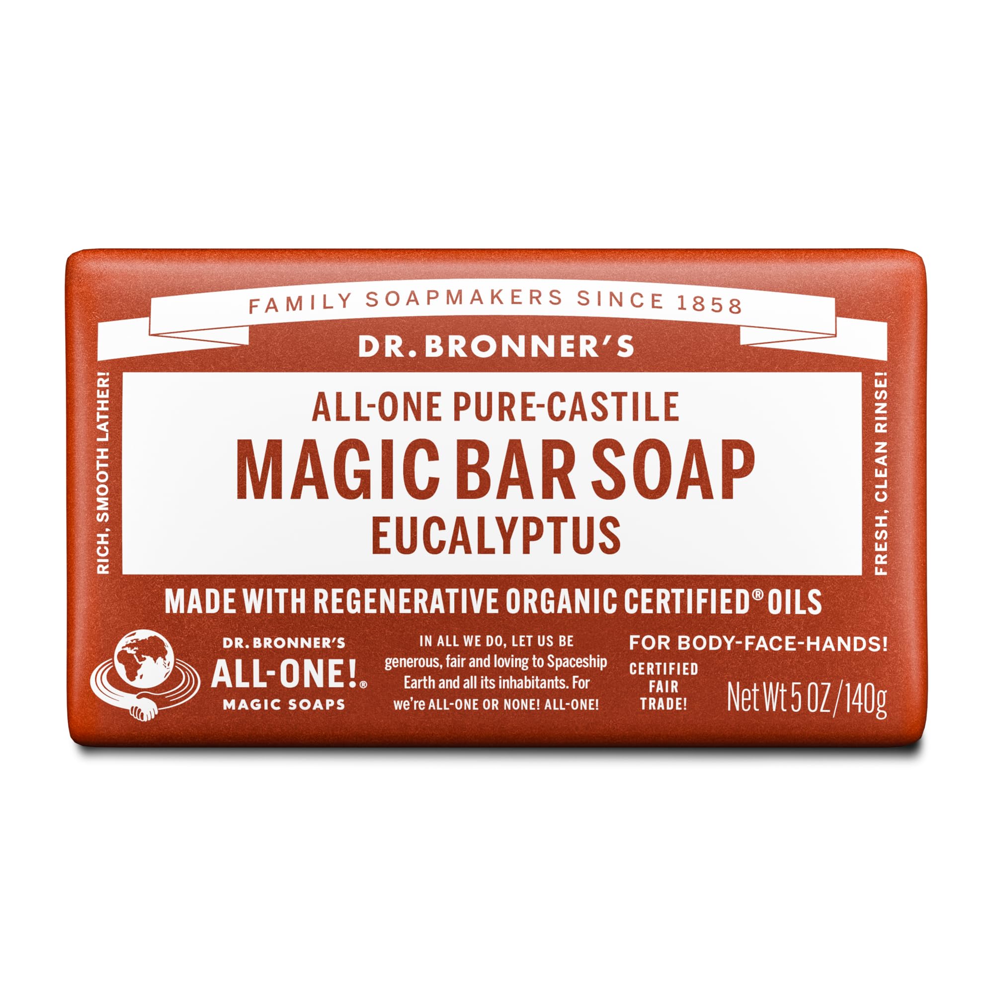 Dr Bronner's 3-in-1 Eucalyptus Pure Castile Bar Soap, Made with Organic Oils and No Synthetic Preservatives, Used for Face, Body and Hair, Certified Fair Trade & Vegan Friendly, 140g Bar