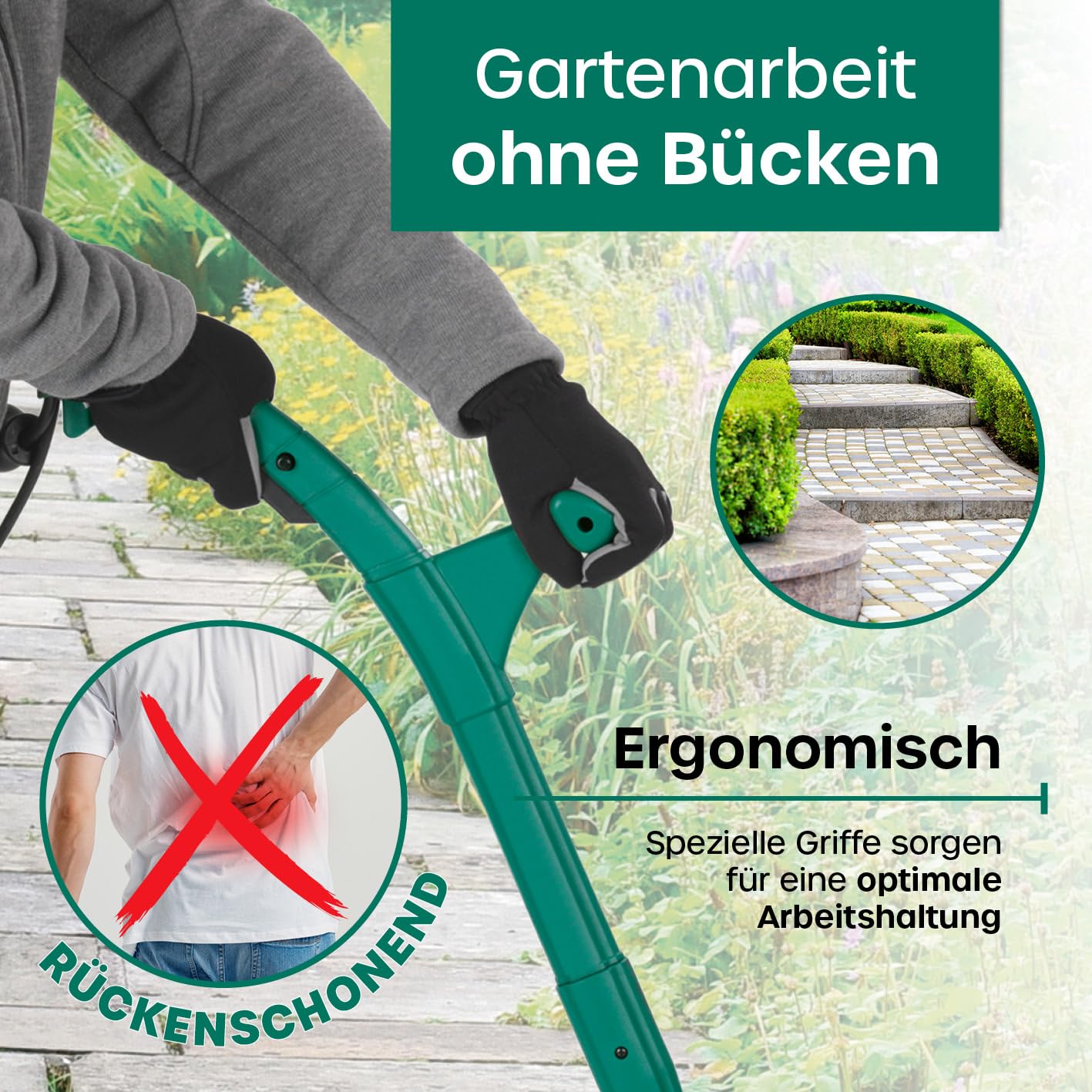 EASYmaxx Fugenreiniger elektrisch | Einfache säuberung von Fugen, Gehwegen & uvm - Ohne lästige Rückenschmerzen | inkl. 2 auswechselbaren Bürsten | Fugenbürste 140 Watt 1200 rpm [ABS/Stahl Grün]