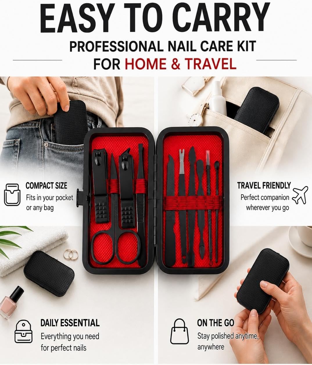 Professional Manicure & Pedicure Kit – 10 Pieces Nail Care Kit, 100% Stainless Steel Nail Grooming Kit & Nail Clipper Kit for Men and Women with Travel Case