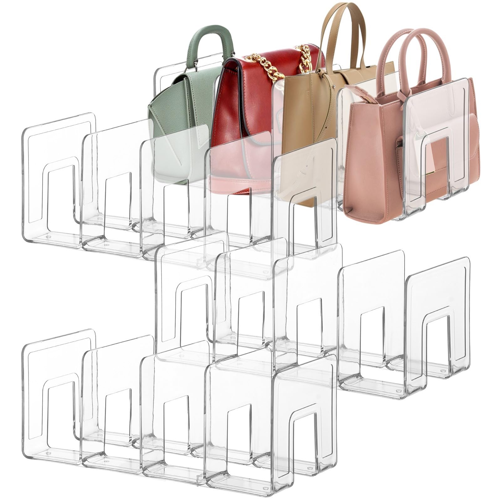 4 organizadores de bolsos de plástico, organizadores transparentes de 4 ranuras para bolsos, carteras, pulseras, 14,50 x 32,5 x 13 cm, ahorro de espacio para organización de dormitorio y armario