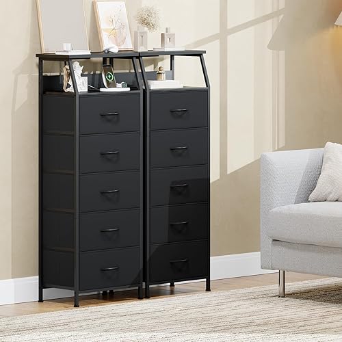 Miniatura 7 de Somdot Mesita de noche negra con estación de carga y luz LED para dormitorio, cómoda alta de 5 cajones con contenedores de tela para mesita de