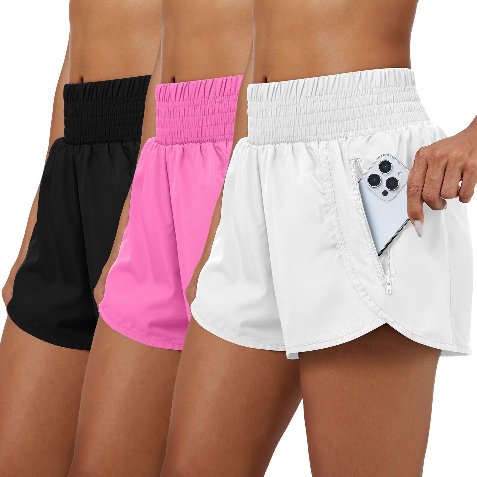 Coume 3 Pack Womens 2 in 1 Running Shorts with Zipper Pockets 2 5 High Waisted Quick Dry