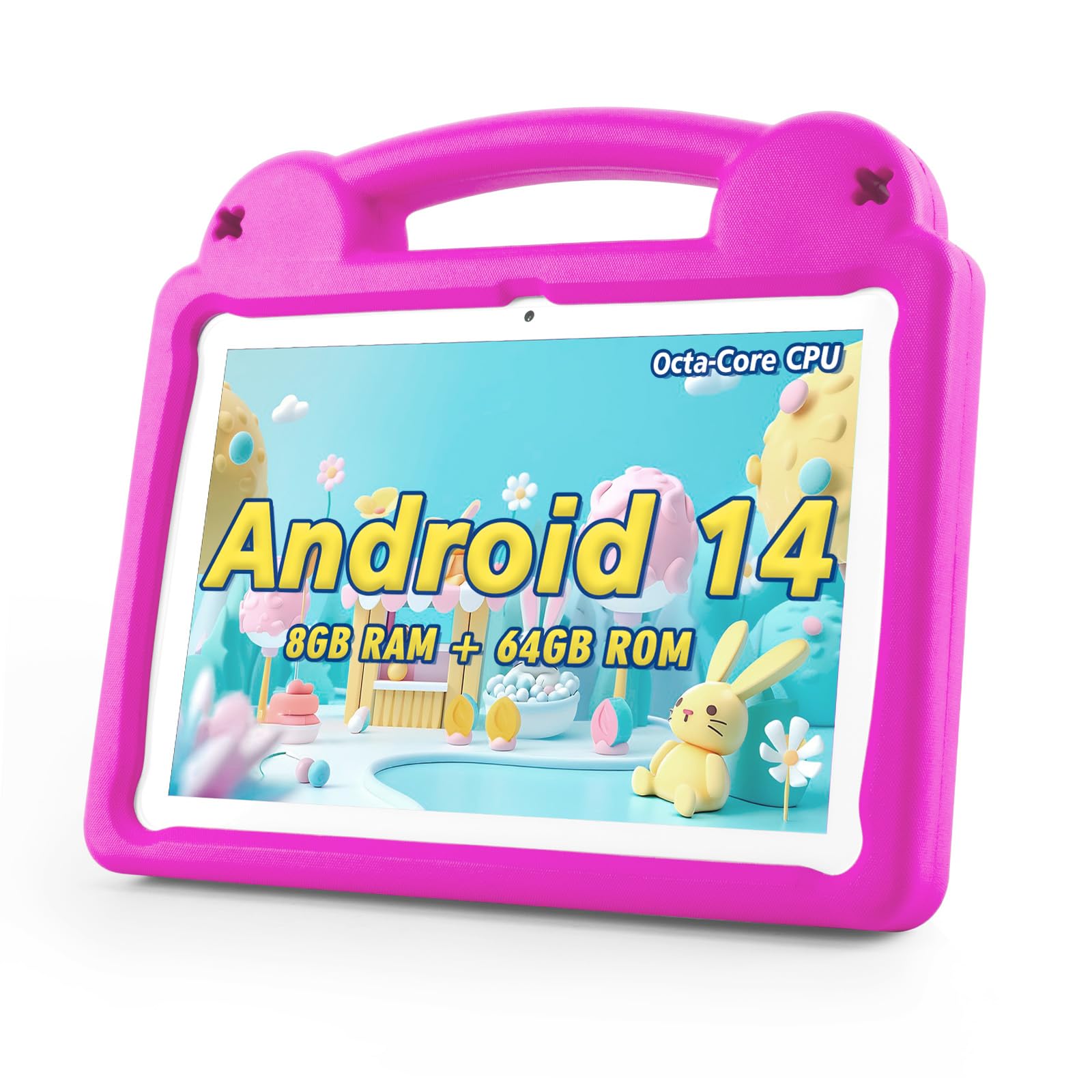 2025 Upgraded 10 Inch Tablet for Kids, 8+64GB Android 14 Kids Tablet, GMS Certified Learning Tablet with WiFi 6 Dual Band, Dual Camera, Octa-Core CPU, Parental Control with EVA Case, Pink