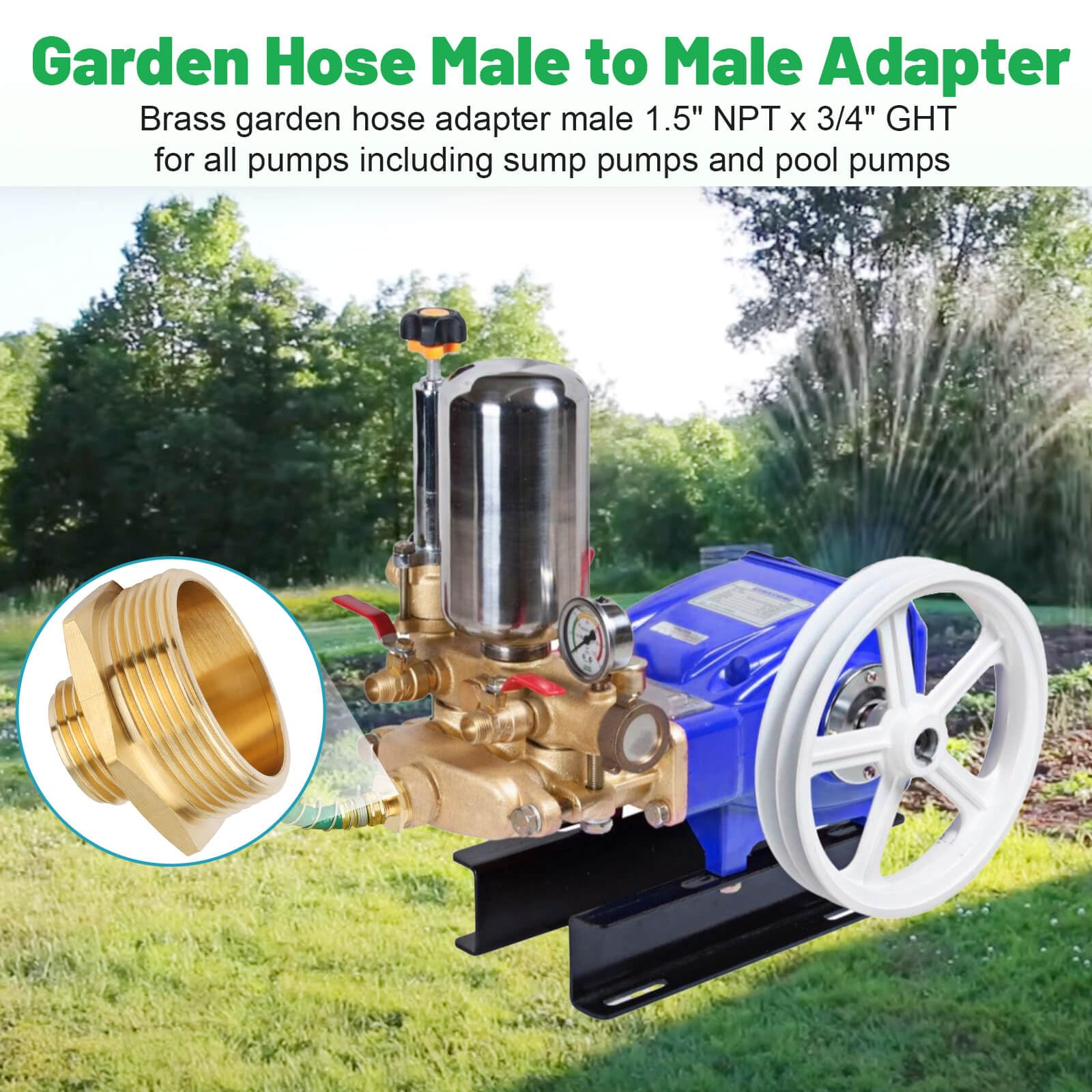 Adaptador de Manguera Grifo de Jardín de Latón de 3/4 pulgadas GHT macho a 1.5 pulgadas NPT macho, Reductor de Rosca de Manguera de Agua de Jardín, Conector de Accesorios de Tubería para Bomba