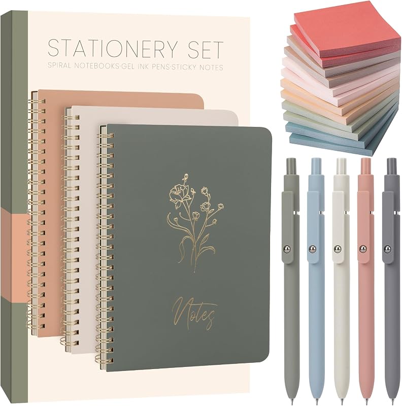 Cute Spiral Notebook Set For Women, Bible Journal Set, 3 Pack A5 Spiral Notebook + 5 PCS Gel Pens + 600 Sticky Notes + Gift Box, Aesthetic Gift Set for Work Students School Office Supplies | 3 Pack A5 Spiral Notebook + 5 PCS Gel Pens + 600 Sticky Notes + Gift Box, Aesthetic Gift Set for Work Students School Office
