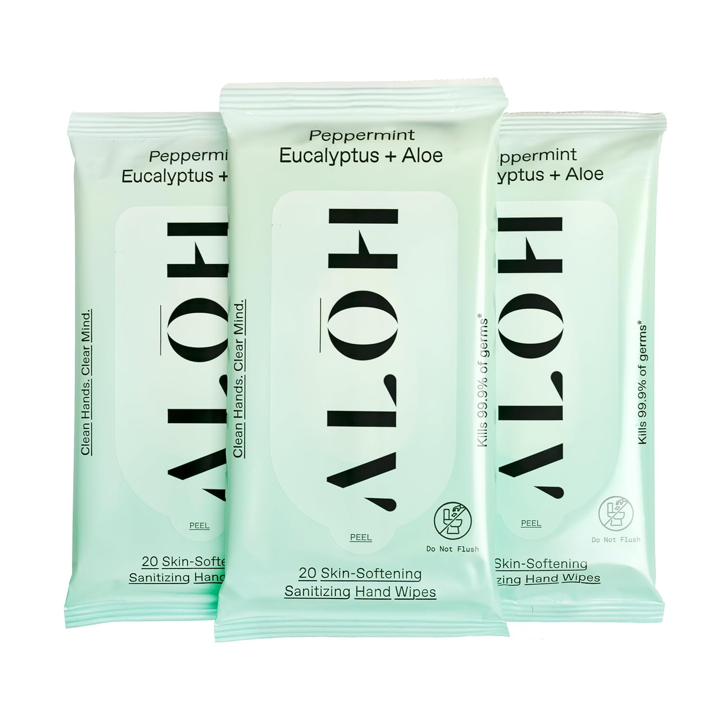 ALŌH Peppermint Eucalyptus + Aloe Sanitizing Hand Wipes - Clean Hands, Clear Mind On The Go Sanitizer for Kids and Adults - Travel Size 3 Pack 20ct Wipes (60 Wipes)