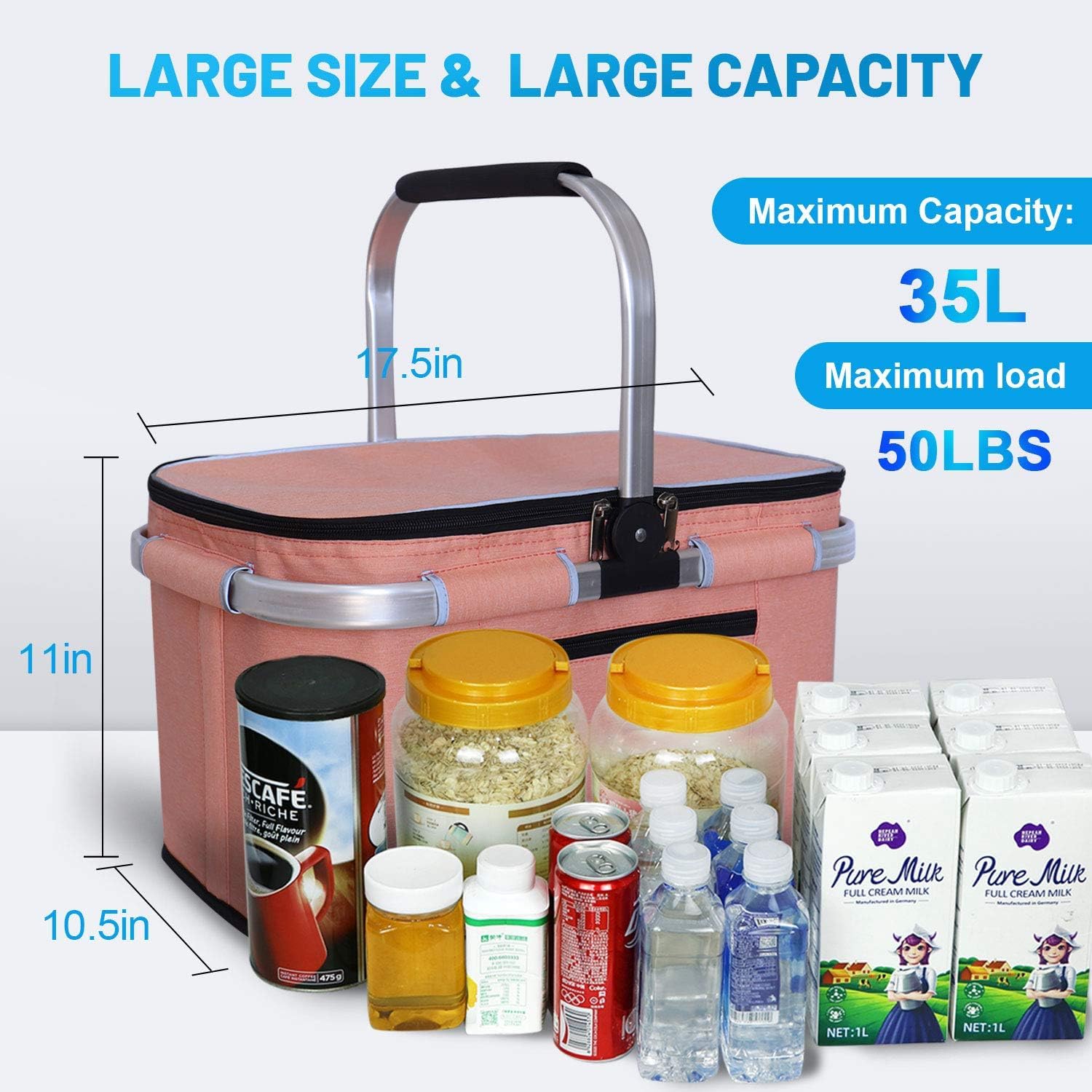 LIQINGG 35L Waterproof Cool Bag Shopping Basket Large Insulated Cooler Lunch Bag Thermal Bag for Office Camping Picnic Travel Side Support Upright Hold Foldable (Tibetan Green) - Image 2