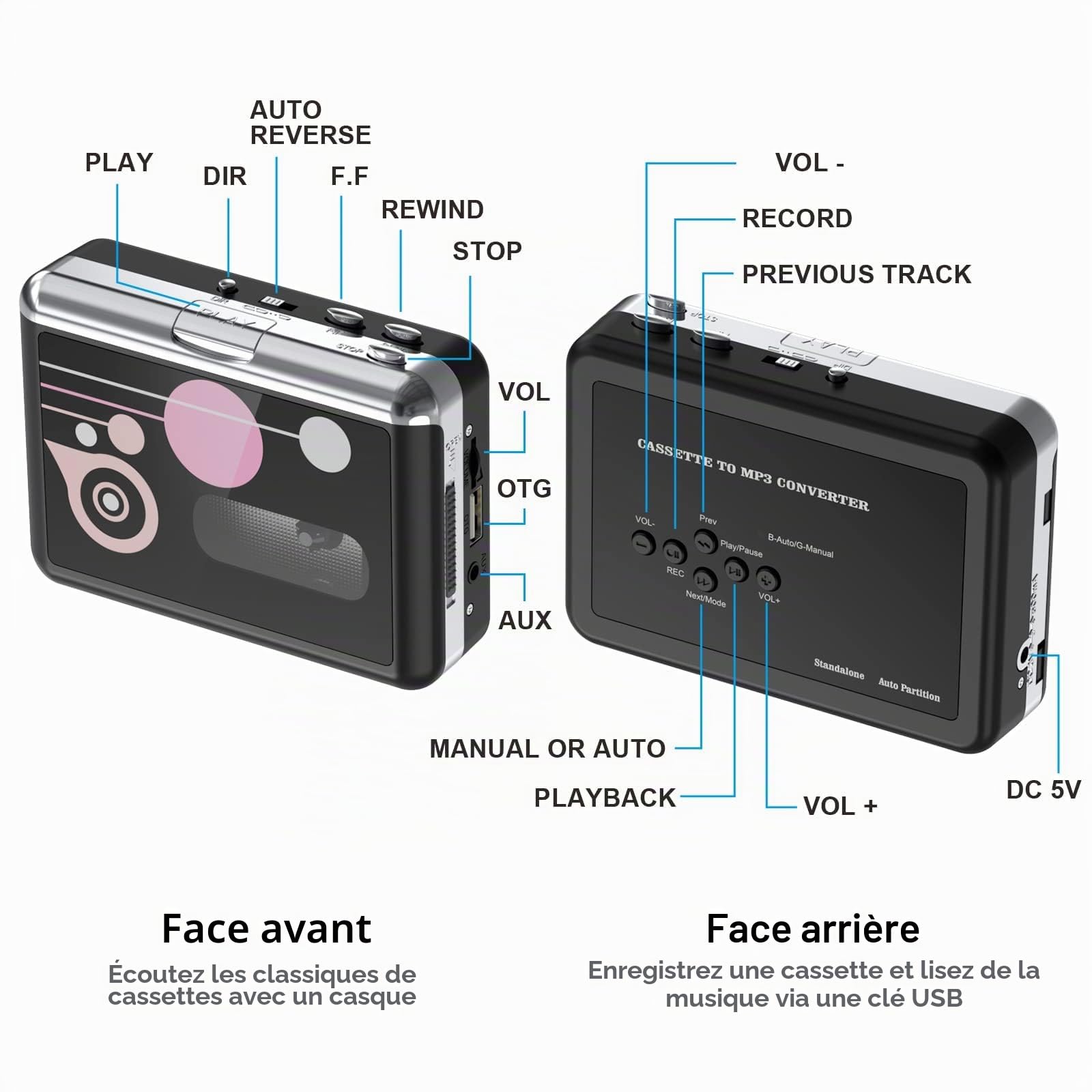 Rybozen Lecteur de Cassette, convertisseur de Cassette USB Portable vers MP3, Walkman Audio Music Tape vers Lecteur convertisseur numérique avec écouteurs, enregistrer dans Une clé USB, Aucun PC
