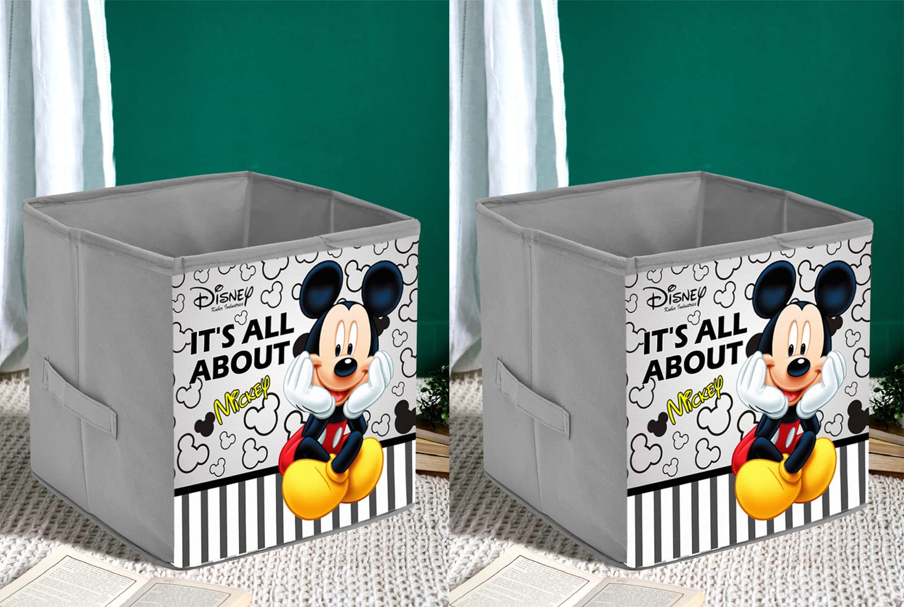Kuber Industries Disney Mickey Printed Multipurposes Storage Box/Organizer With Handles- Pack of 2 (Grey) -HS43KUBMART26273