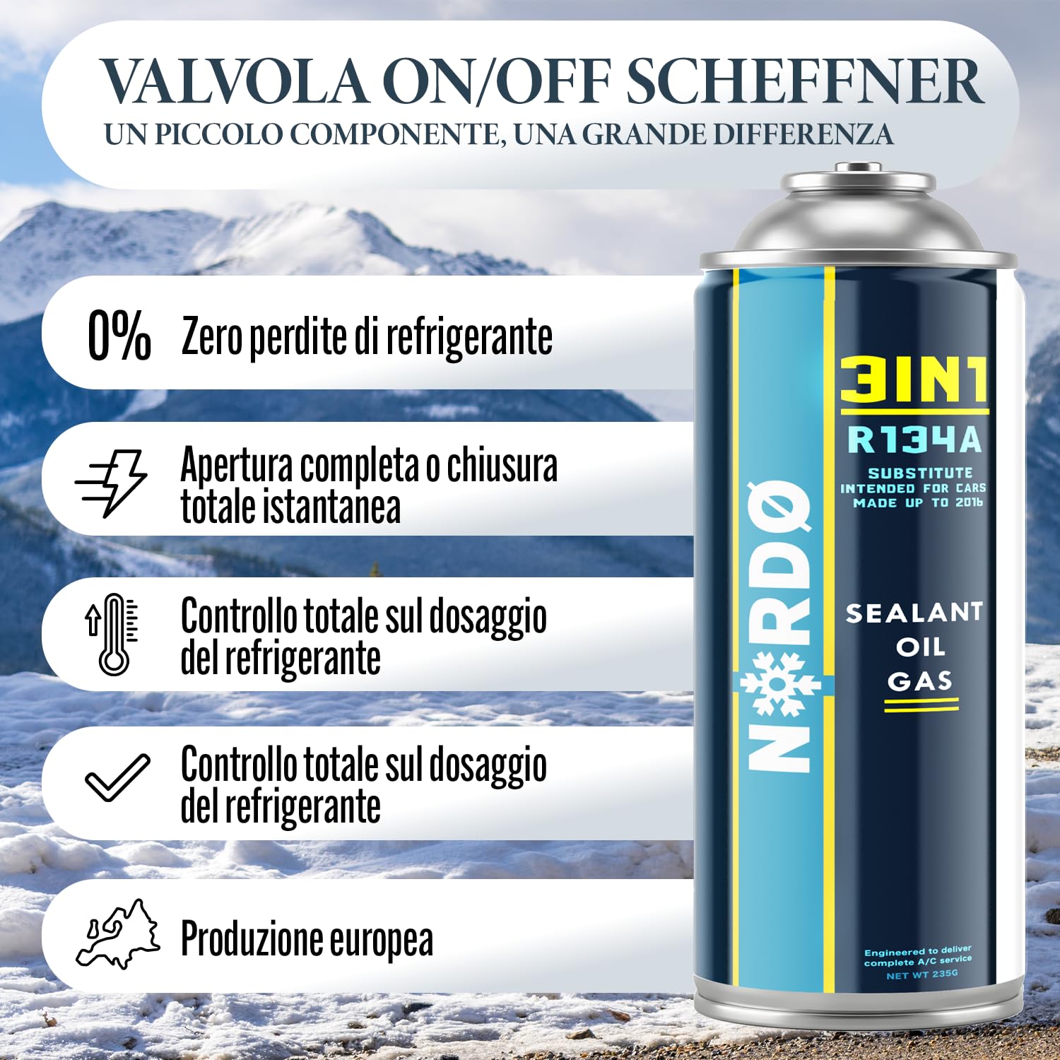 Nordo - 3in1 R134a Fluido refrigerante gas di ricarica – per climatizzatori auto – Bombola di gas 1x235 g – Camper – Tubo e adattatore HP/LP – Manometro climatizzatore – ECO