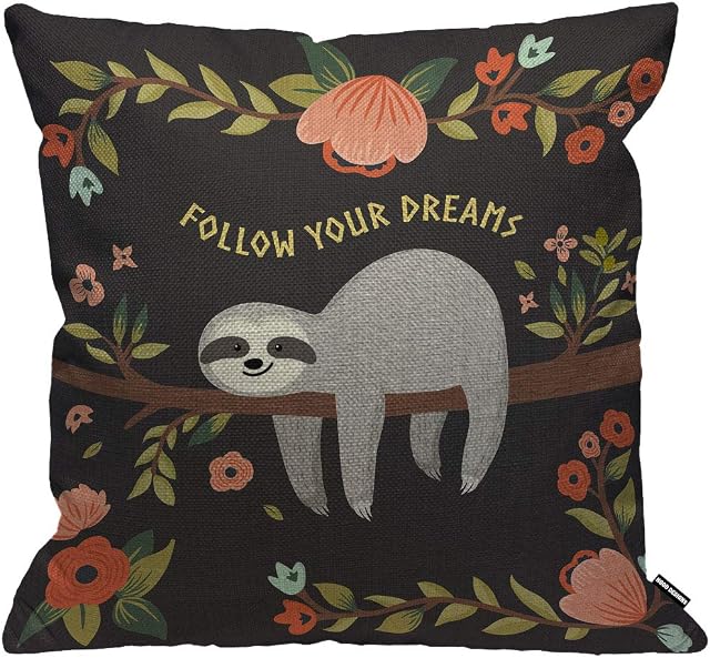 HGOD DESIGNS Cushion Cover Sloth Follow Your Dreams Cute Baby Sloth On The Tree Throw Pillow Cover Home Decorative for Men/Women/Boys/Girls Living Room Bedroom Sofa Chair 18X18 Inch Pillowcase