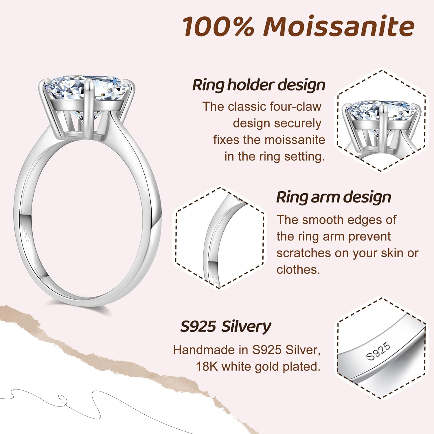 Moissanite Engagement Rings for Women,Promise Rings 925 Sterling Silver with 18K Yellow/White Gold Plated,D Color VVS1 Wedding Band Moissanite Ring 0.5/1/1.5/2/3/4CT - Image 3