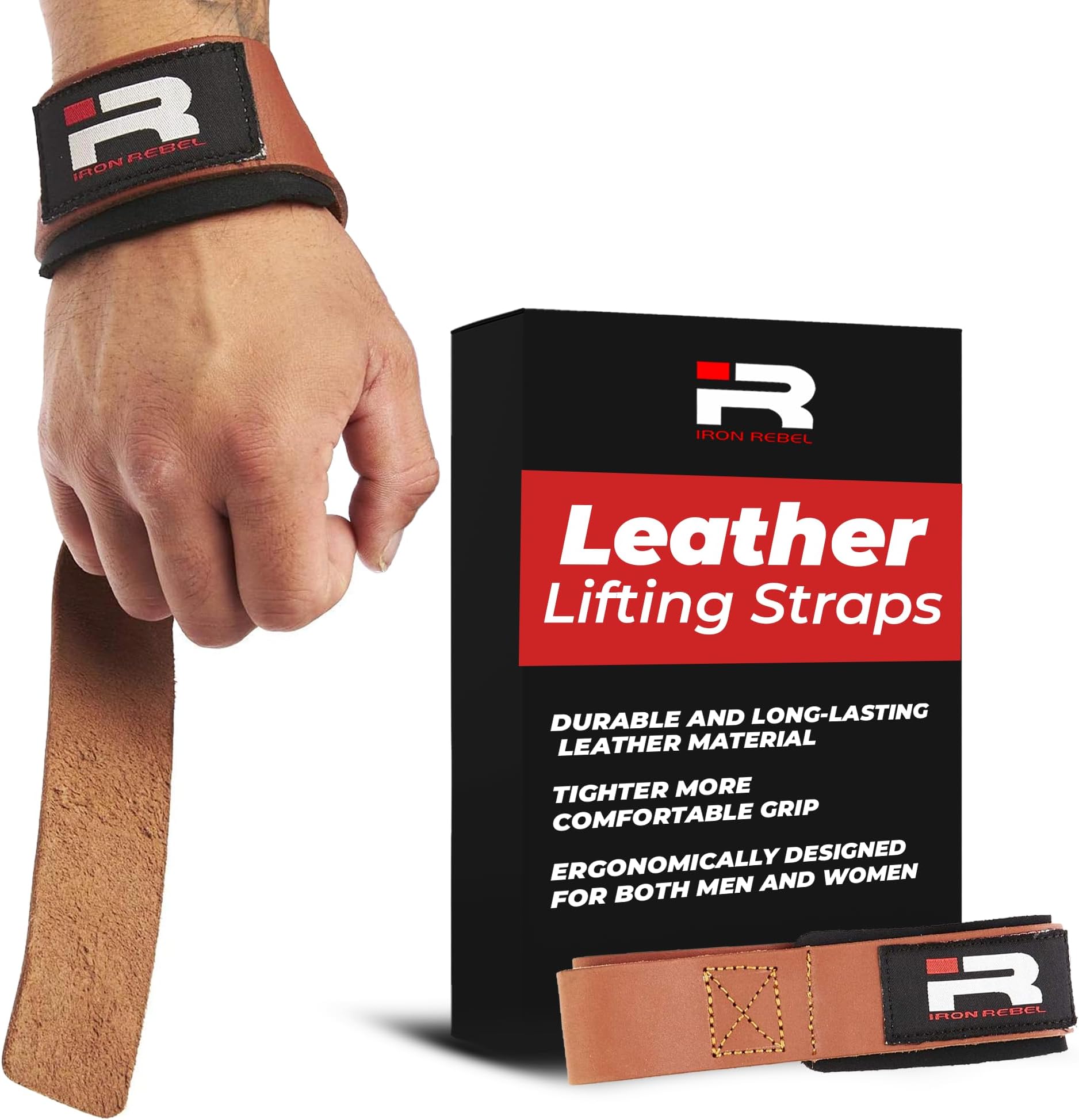 Iron Rebel Leather HD Lifting Straps Ultimate Wrist Support Strap with Breathable Material for Workout, Powerlifting, Bodybuilding or Training - for Men and Women, Black and Brown (Pair)