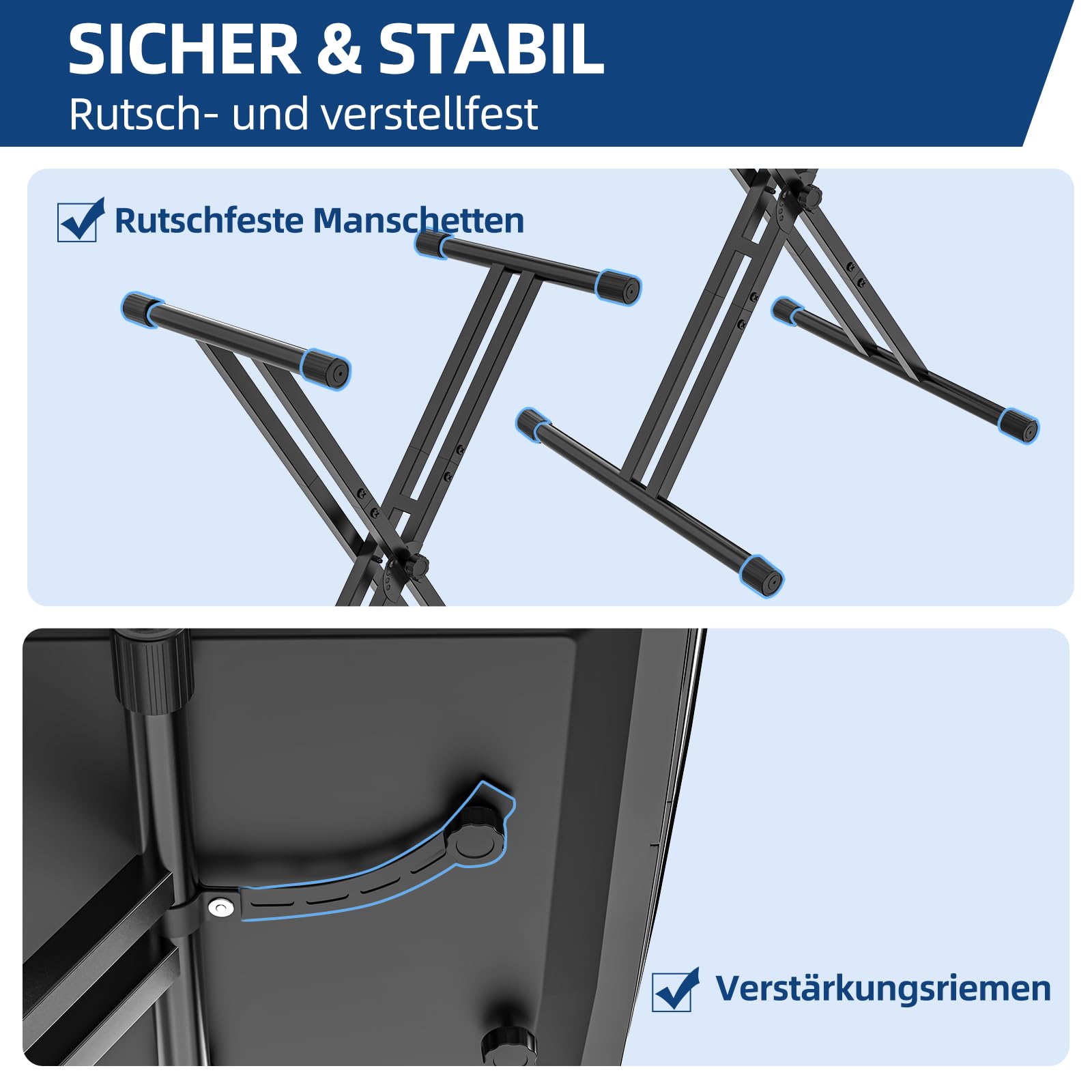 GLEAM Keyboardständer für E-Pianos - Robuster Doppel-X-Stil mit Verriegelungsgurten, passt für 54-88 Tasten E-Pianos, DJ-Mixer, Turntables, Synths und MIDI-Keyboards. Tragfähigkeit 45 kg