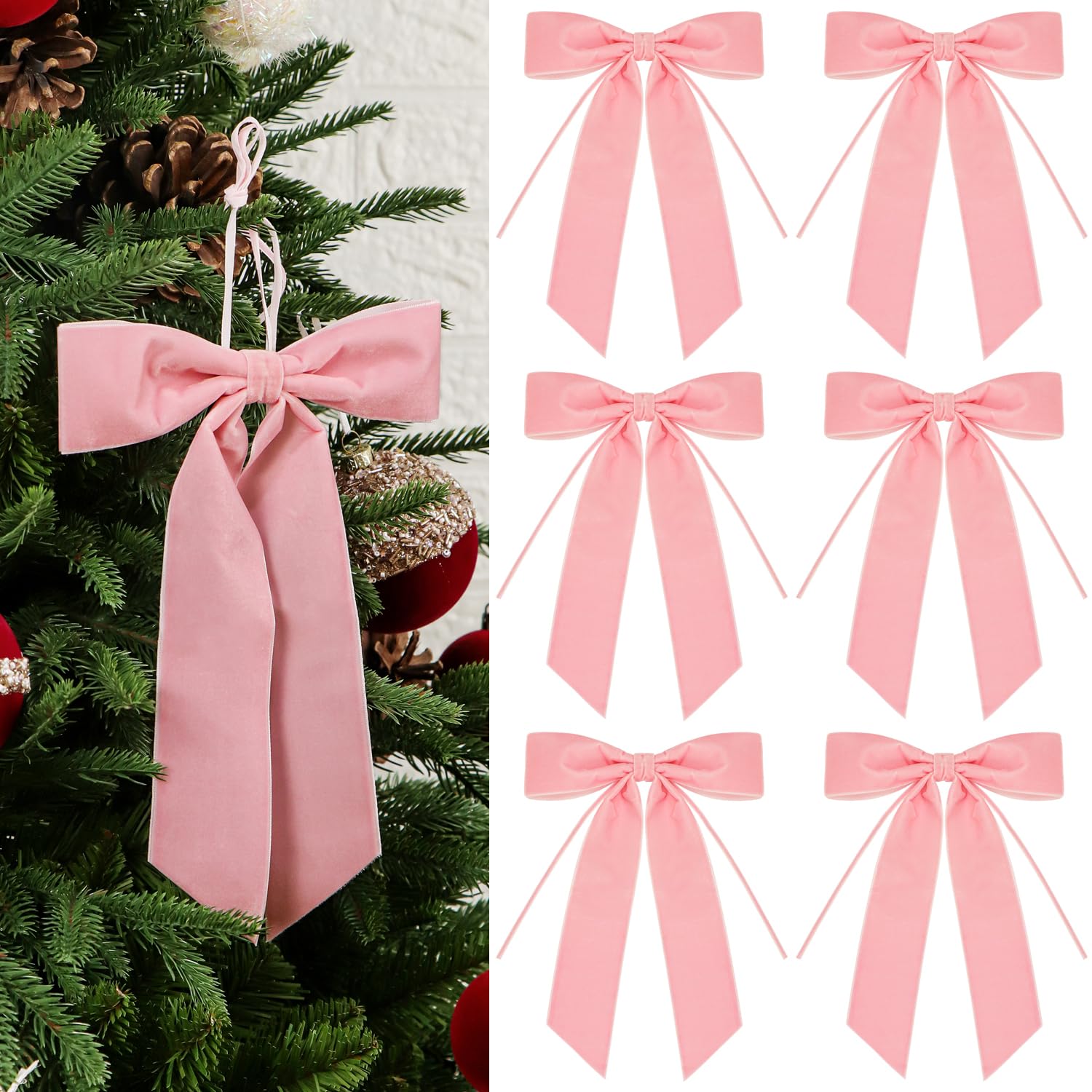 Set of 6 Velvet Bows Christmas Decoration Vintage Ribbon Bow for Gift Wrapping Xmas Holiday Wreath Garland Window Fireplace Staircase Wedding Home Decor,18x25cm (Pink)