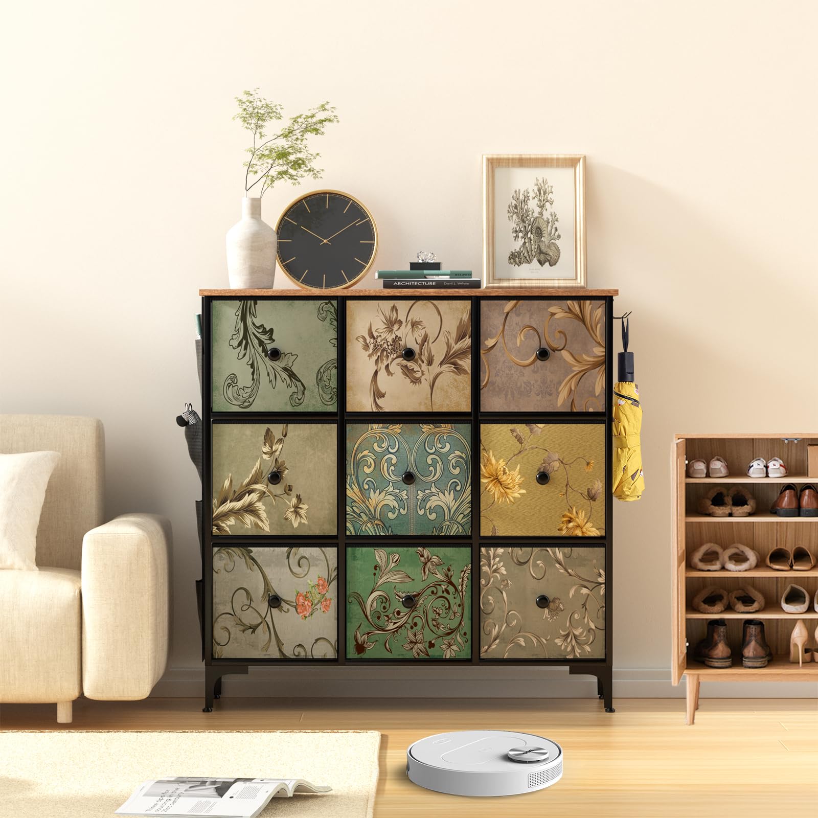 Vintage Fabric Dresser for Bedroom with 9 Drawers, Retro Tall Dressers for Bedroom, Tall Storage Dresser for Bedroom, Living Room, Big Dressers for Bedroom Adult with Wood Top Side Pockets