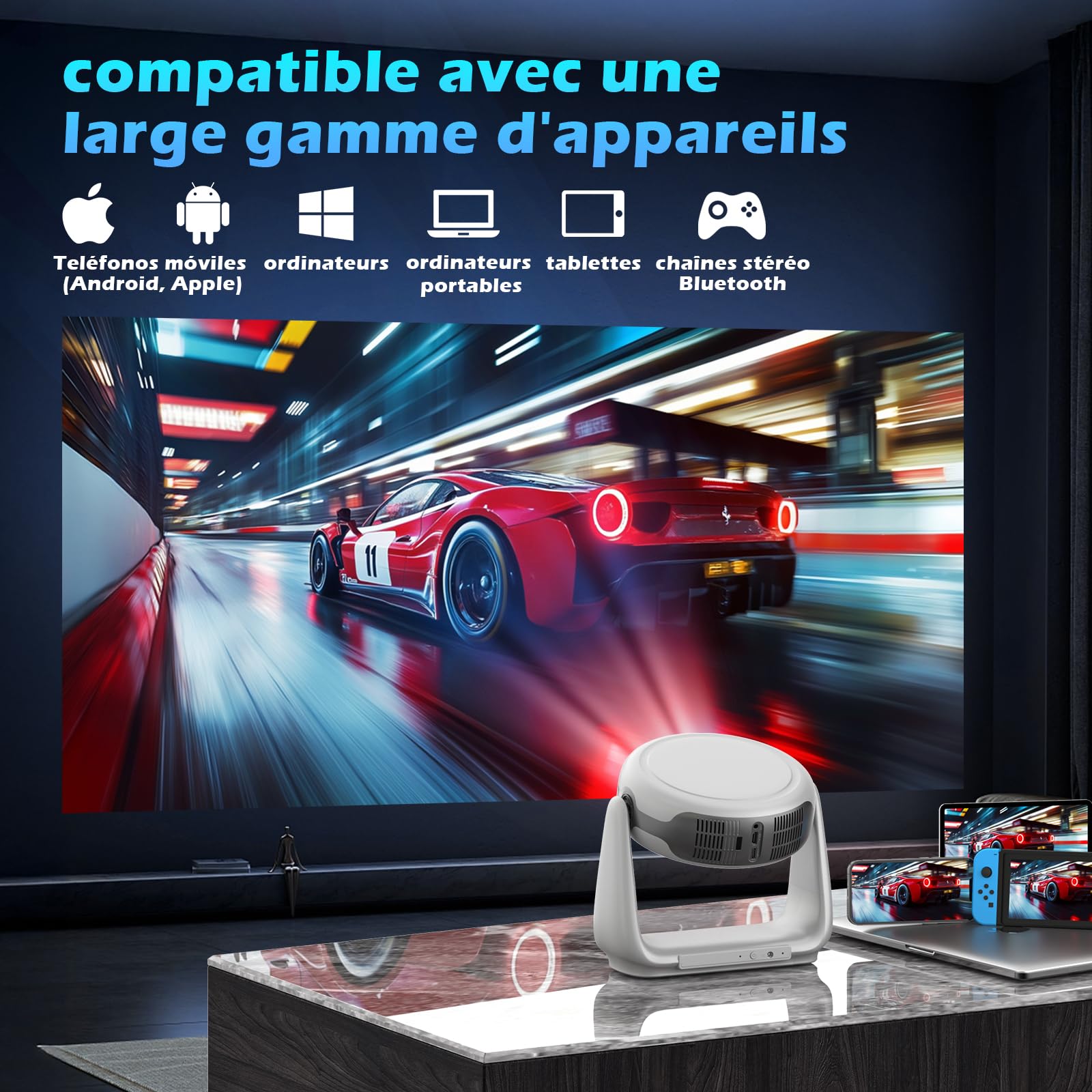 Vidéoprojecteur extérieur sans Fil avec Mise au Point Automatique et Correction du trapèze, Support vidéo Full HD 1080P et 4K avec WiFi6 Bluetooth, vidéoprojecteur pour Le cinéma à Domicile
