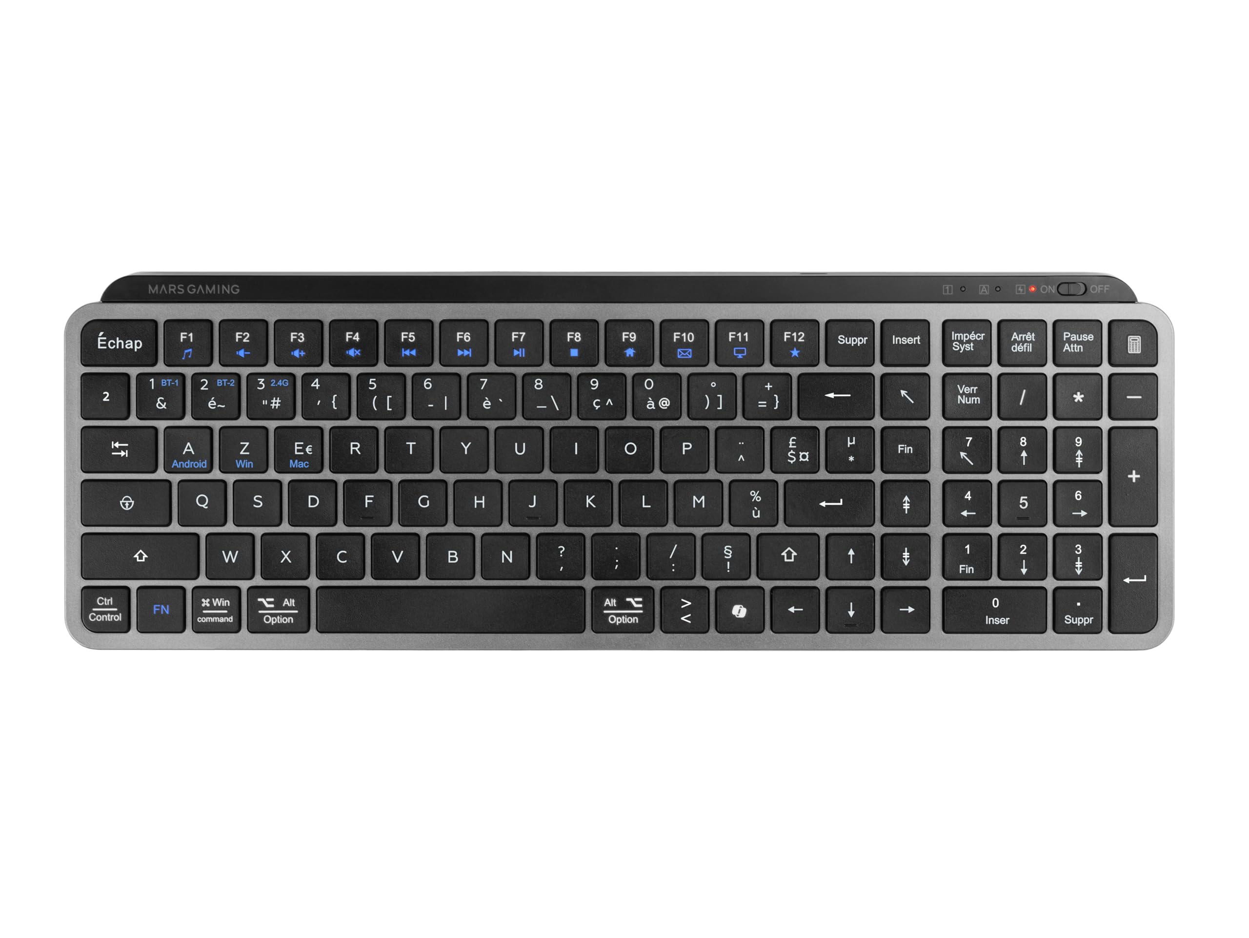 Mars Gaming MK-SILENKEYS, Francés, Teclado Inalámbrico Full-Format Compacto, Perfil Bajo, Switches Tijera Silenciosos, Tecla Copilot AI, Bluetooth 5.1 Dual 2.4GPRO, Batería 200h, PC, Mac, Negro
