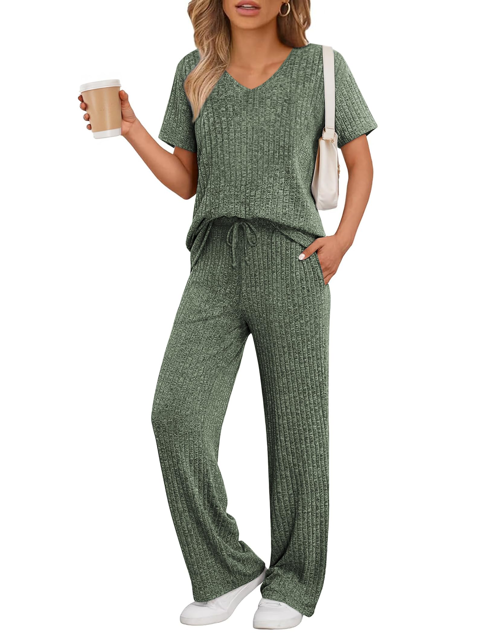 JiniGolla Women's Ribbed Knit Pajama Set 2 Piece Matching Pj Set Short Sleeve Top and Pants Lounge Set with Pockets