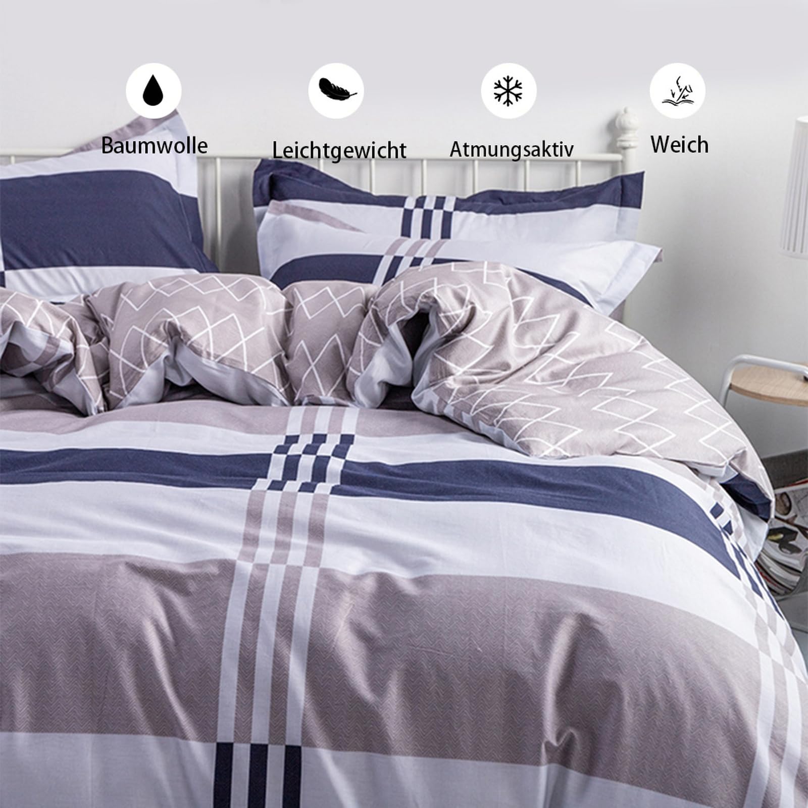 Baumwolle Bettwäsche 160 x 210 cm Bügelfrei knitterfrei Hellblau Grau Wendebettwäsche Bettbezug mit Reißverschluss Einzelbett Bettwäsche Weich Bequem und Atmungsaktiv