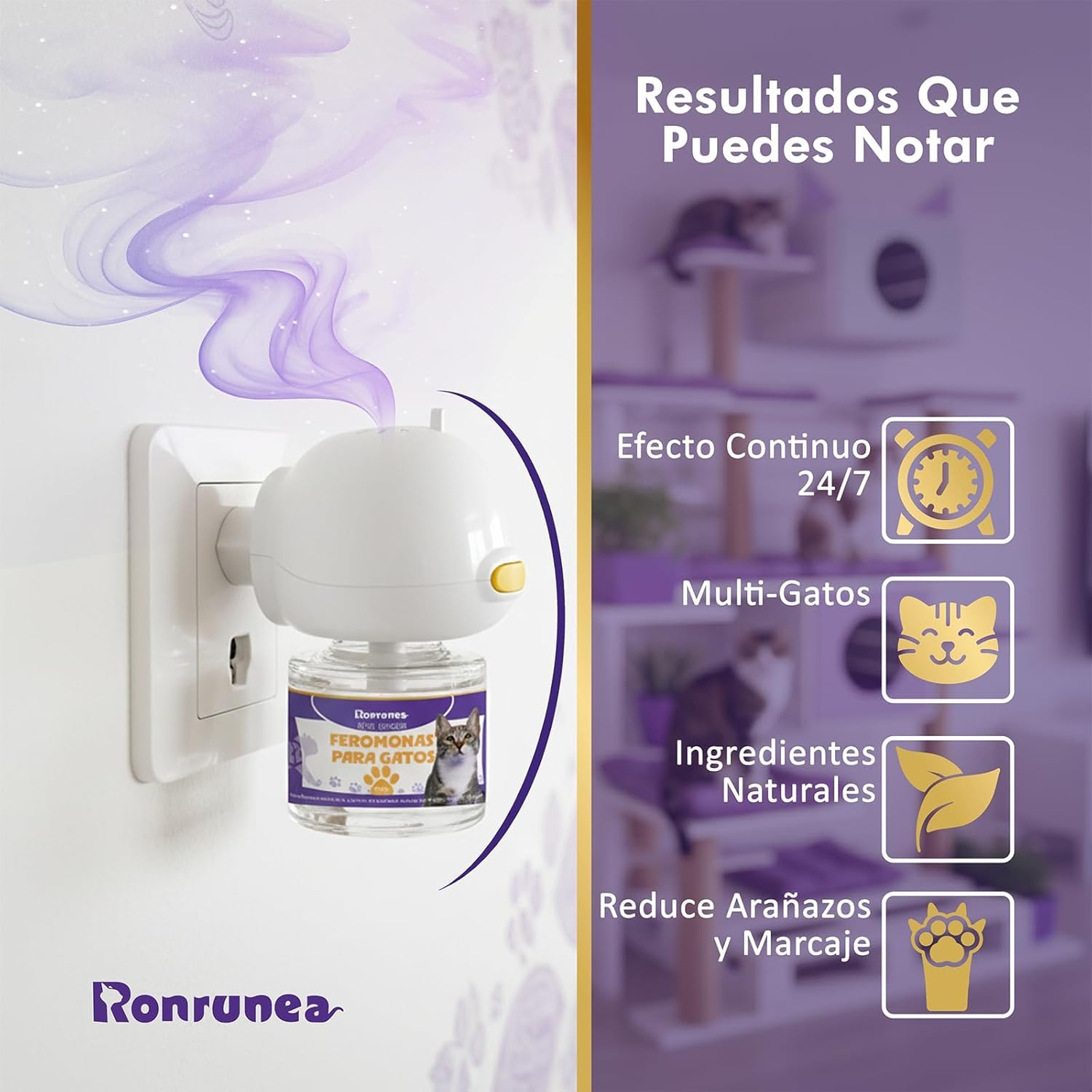 | RONRUNEA® - Pack Ahorro de 3 Difusores + 8 Recambios de 48ml de Feromonas para Gatos Premium | Ambiente Tranquilo para Tus Gatos hasta 240 Días | Ideal para Hogares.