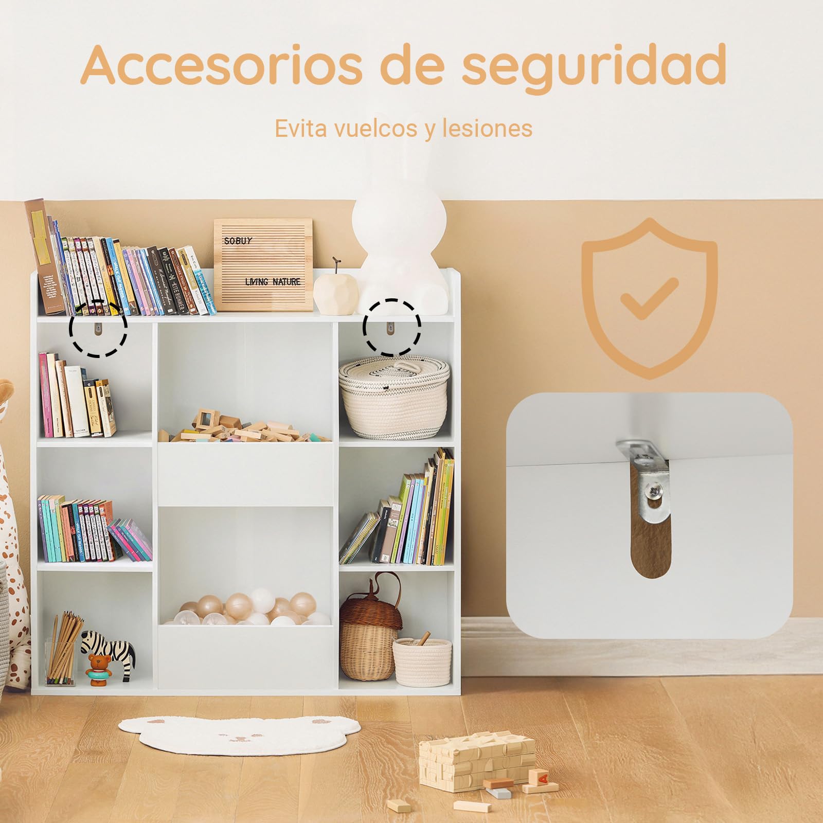 SoBuy Librería Infantil Estantería Montessori con 6 Estantes y 2 Compartimientos Organizador Juguetes Almacenaje para Libros Muebles habitación Blanco 106x30x104 cm KMB55-W