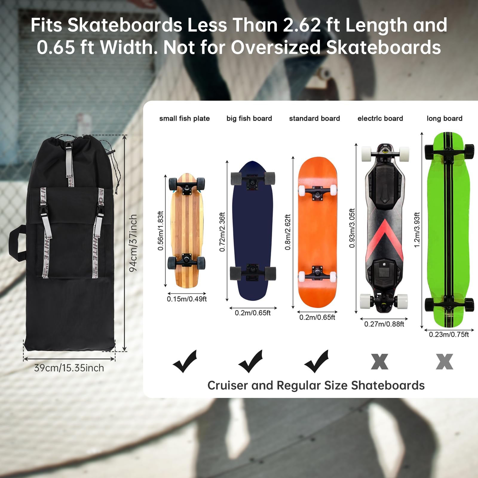 Grand sac à dos pour skateboard – Convient aux planches à roulettes surdimensionnées de 76,2 cm et aux planches surdimensionnées jusqu'à 83,8 cm, sac imperméable et durable avec bandoulière