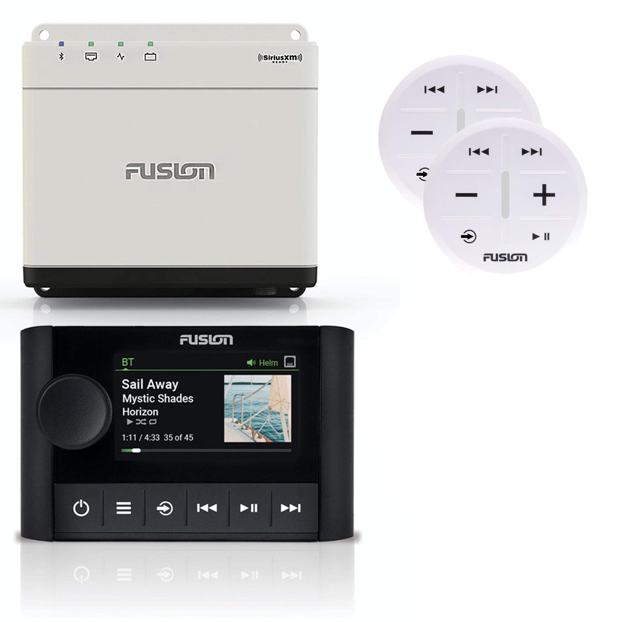 Fusion MS-WB670 Apollo Marine Hideaway System with MS-ERX400 Ethernet Wired Remote, and 2-ARX70W White Wireless Remote