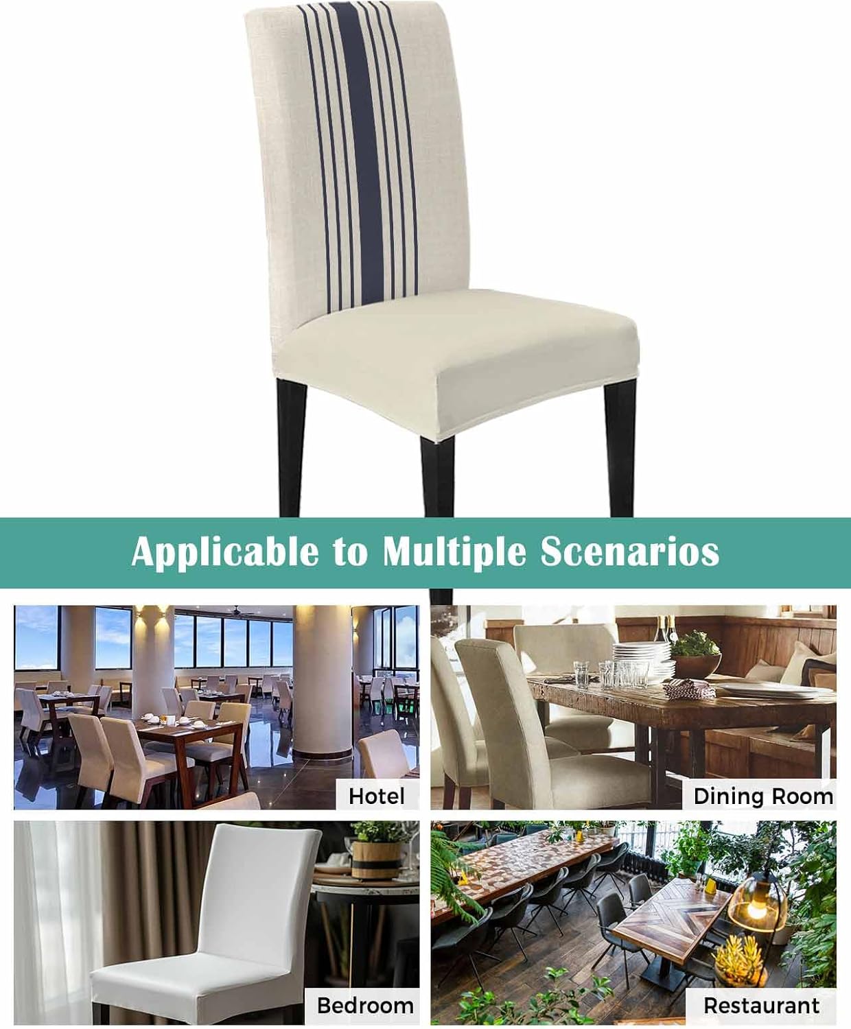 Savannan Chair Covers Set of 4, Modern Navy Blue White Stripe Removable Stretchable Parsons Chair Slipcovers Protector for Kitchen Dining Room Retro Linen Texture