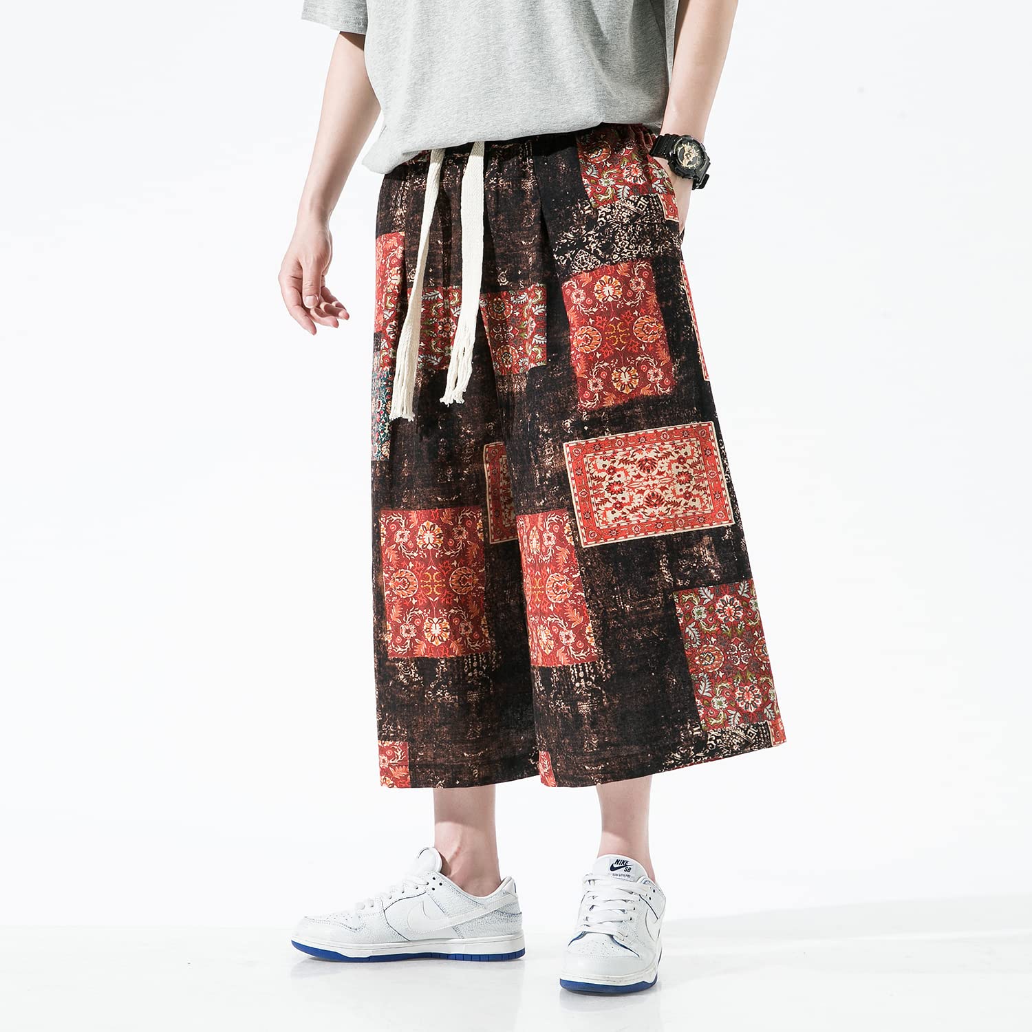 Seidarise Men's Harem Capri Pants Wide Leg for Summer Yoga Homewear Floral Print Elastic Wasit Pockets Trousers