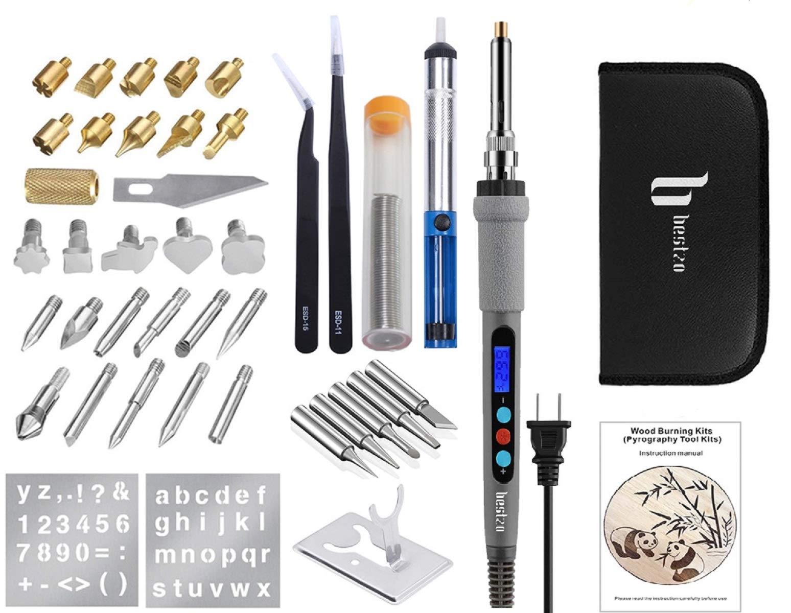 BESTZO Wood Burning Kit -LCD Wood Burning Tool Kit With Soldering Iron, Pyrography Tool Kit Wood Burning Pen With Embossing,Carving,Soldering Tip,